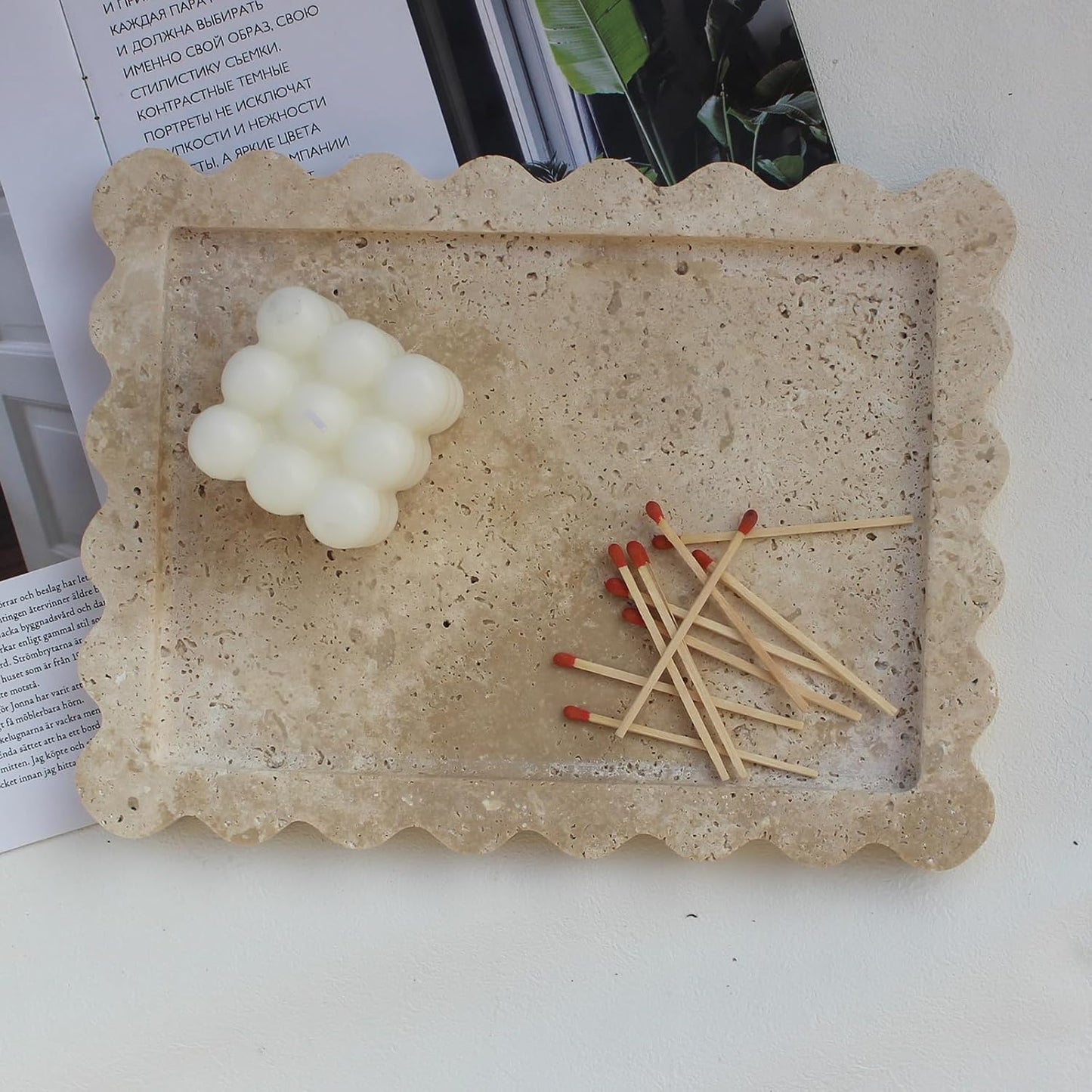 Natural Scalloped Marble Tray / Beige Travertine / 10.8 x 8