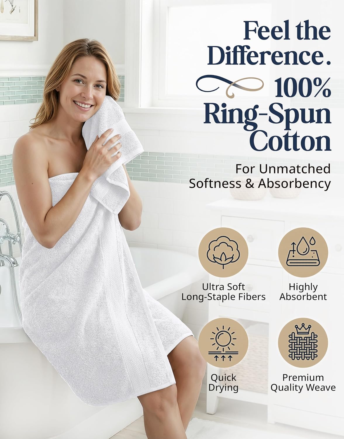 LANE LINEN Bath Towel Set 100% Cotton 6 Piece Soft Absorbent - White | Shower Towels - Generously Sized, Oversized &