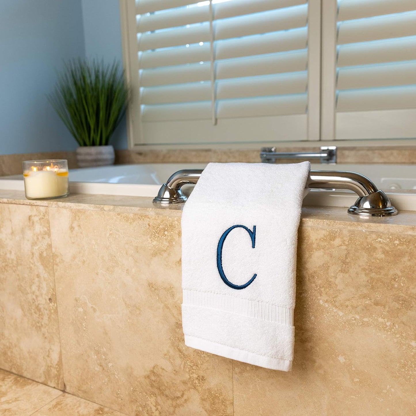 White with Navy Monogrammed Hand Towels for Bathroom - Set of 2 Letter C | Luxury Hotel Quality Initial Towels For