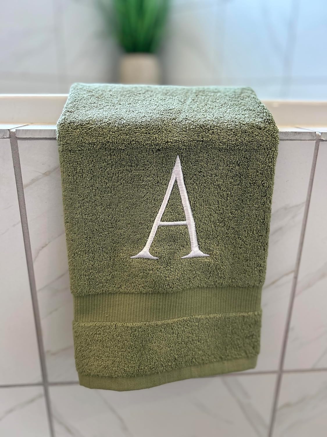 Sage with White Monogrammed Hand Towels for Bathroom - Set of 2 Letter J | Luxury Hotel Quality Initial Towels For