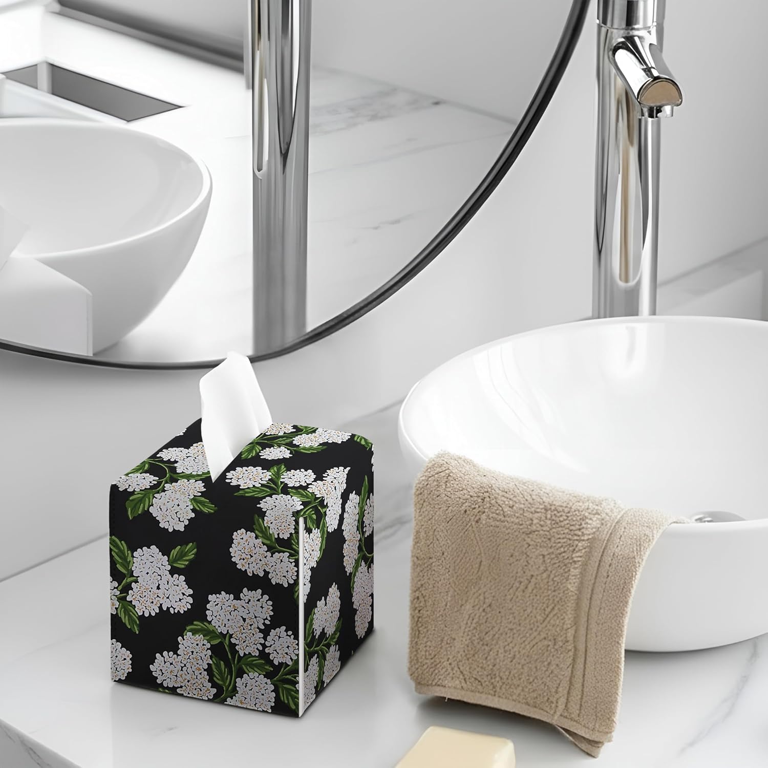 Black and White Hydrangea Square Faux Leather Tissue Box Cover Holder / Black Hydrangea