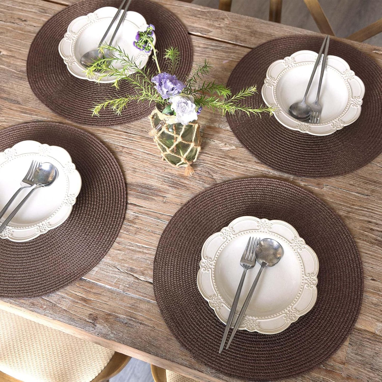 FunWheat Round Braided Placemats Set of 8 Place Mats for Dining Table Woven Washable Non-Slip Table Mats 15