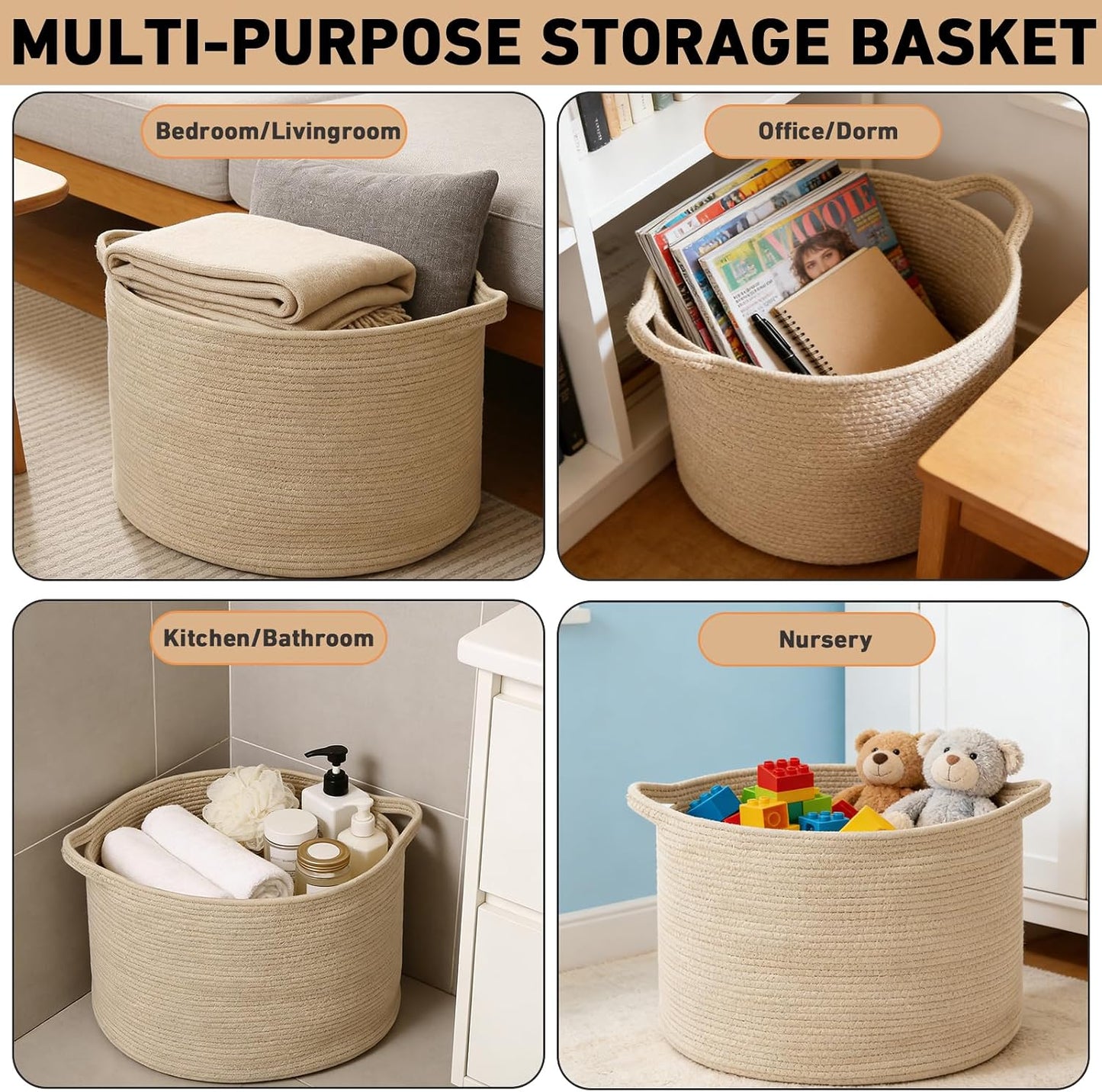 Woven Rope Laundry Basket Hamper / Camel / 19.7"L x 19.7"W x 13"H