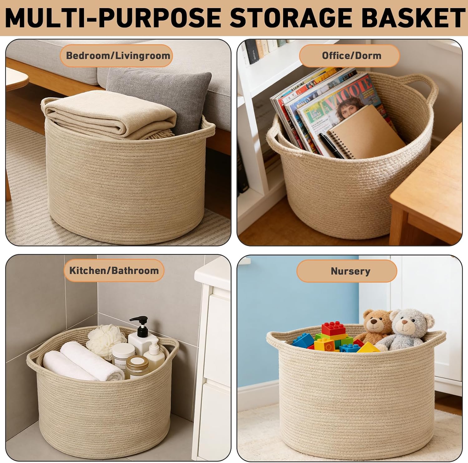 Woven Rope Laundry Basket Hamper / Camel / 19.7"L x 19.7"W x 13"H