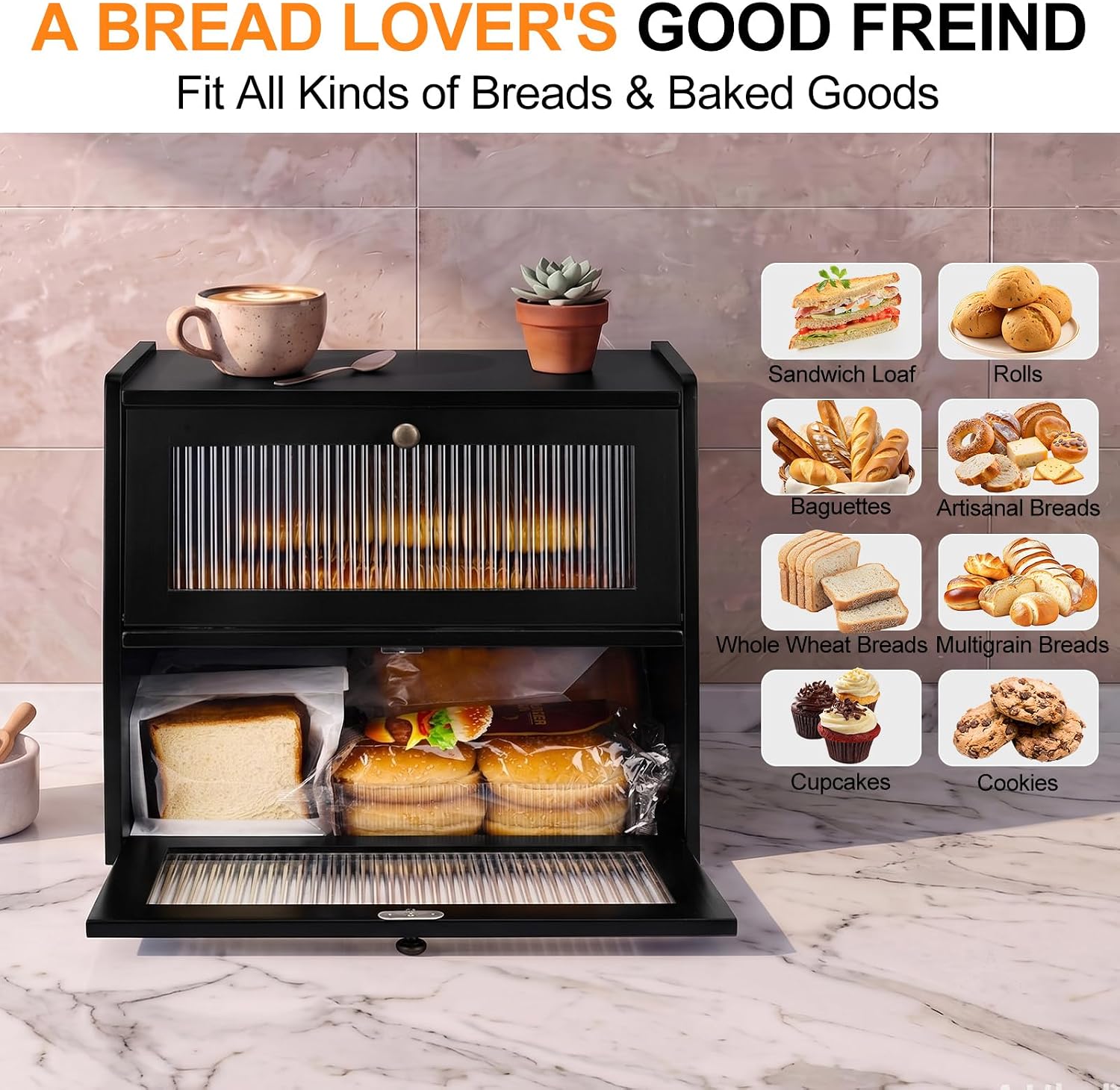 Alpeir Wooden Bread Box for Kitchen Countertop, Large Double Layer, Black | Food-Safe Pine Wood, Double-Row