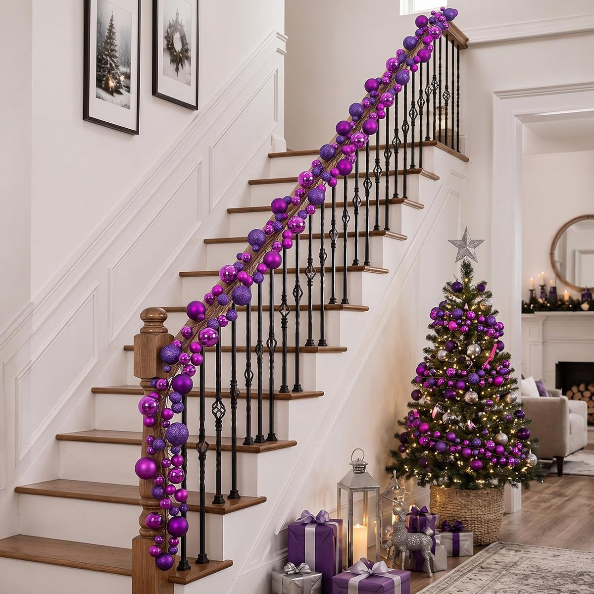 2 Pcs 6 ft Christmas Ball Ornament Garland, Dark Purple | Bauble Bulb Christmas Tree Ball Decoration Shatterproof