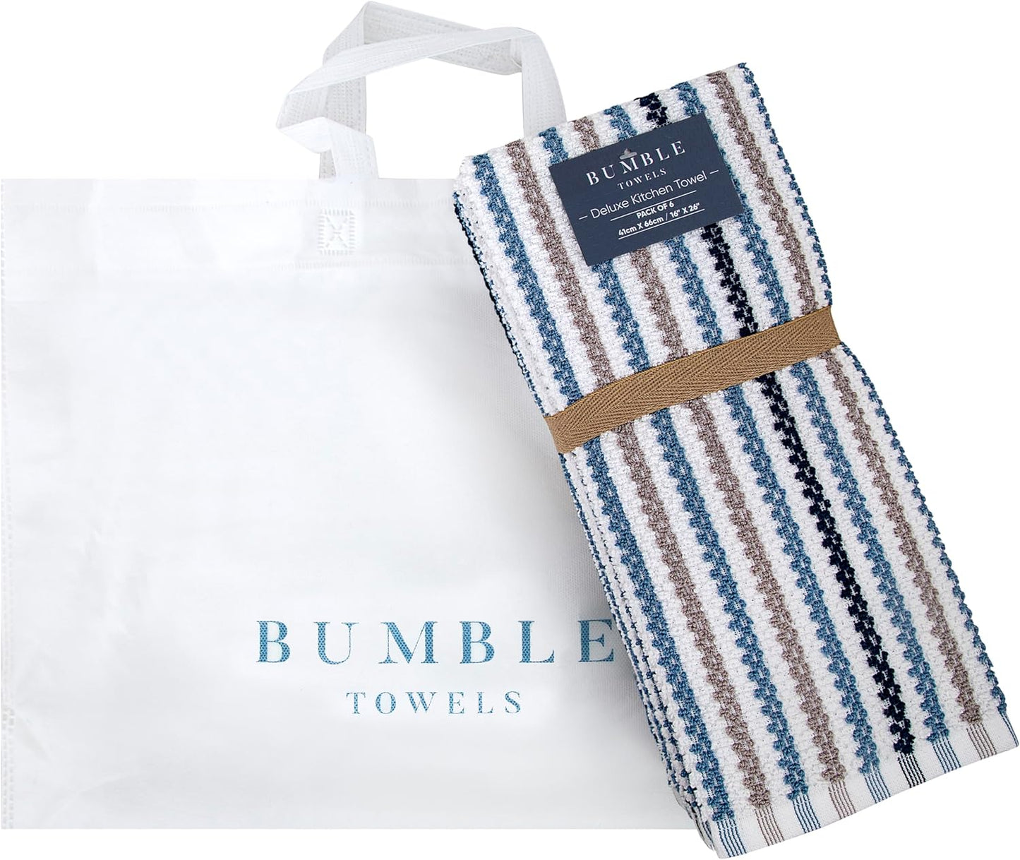 Bumble Kitchen Towels 6 Pack 100% Cotton 16"x26" - Blue Wide Stripe | 430 GSM Soft Kitchen Hand Towels with Hanging