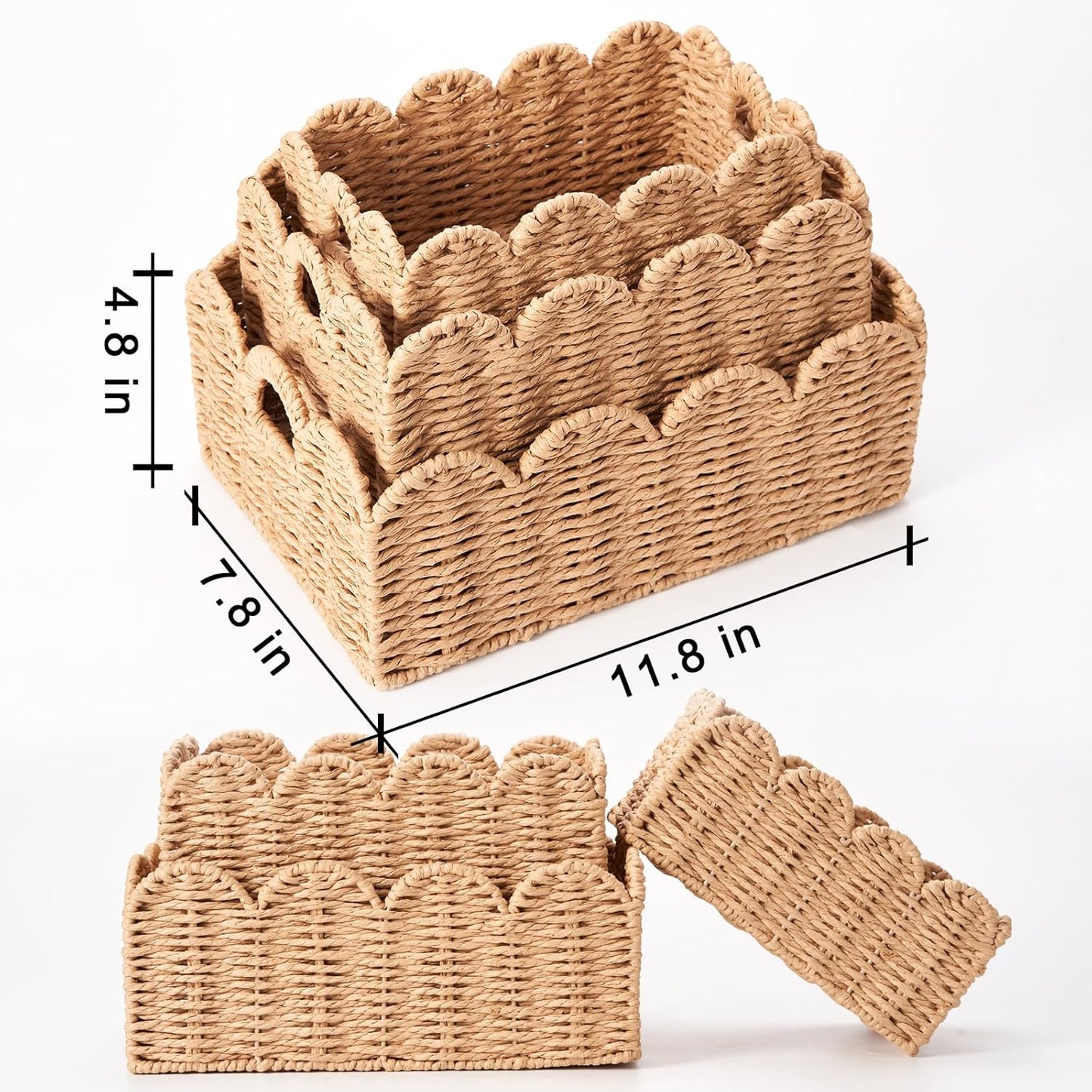 Scalloped Wicker Baskets / Tan / Set of 3