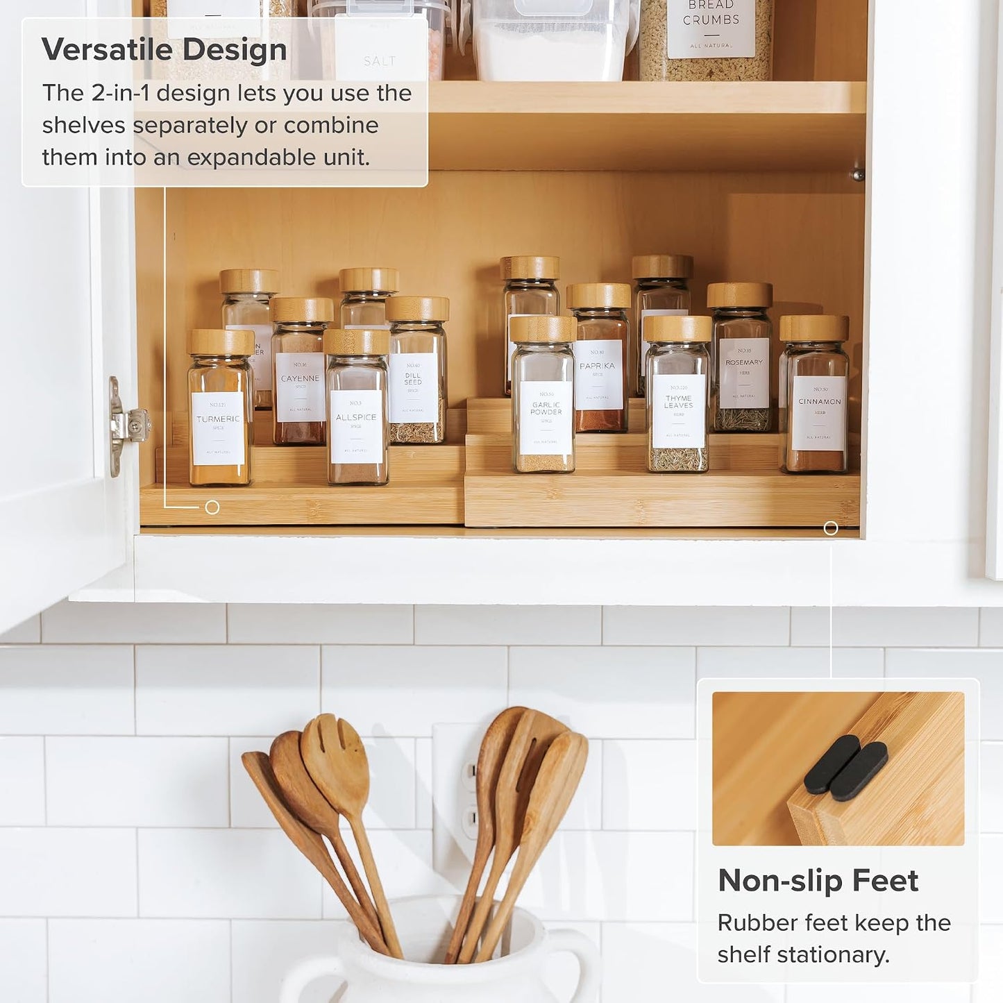 3-Tier Expandable Spice Rack Organizer, Bamboo | Fits 36 spice jars, pantry storage, non-slip feet