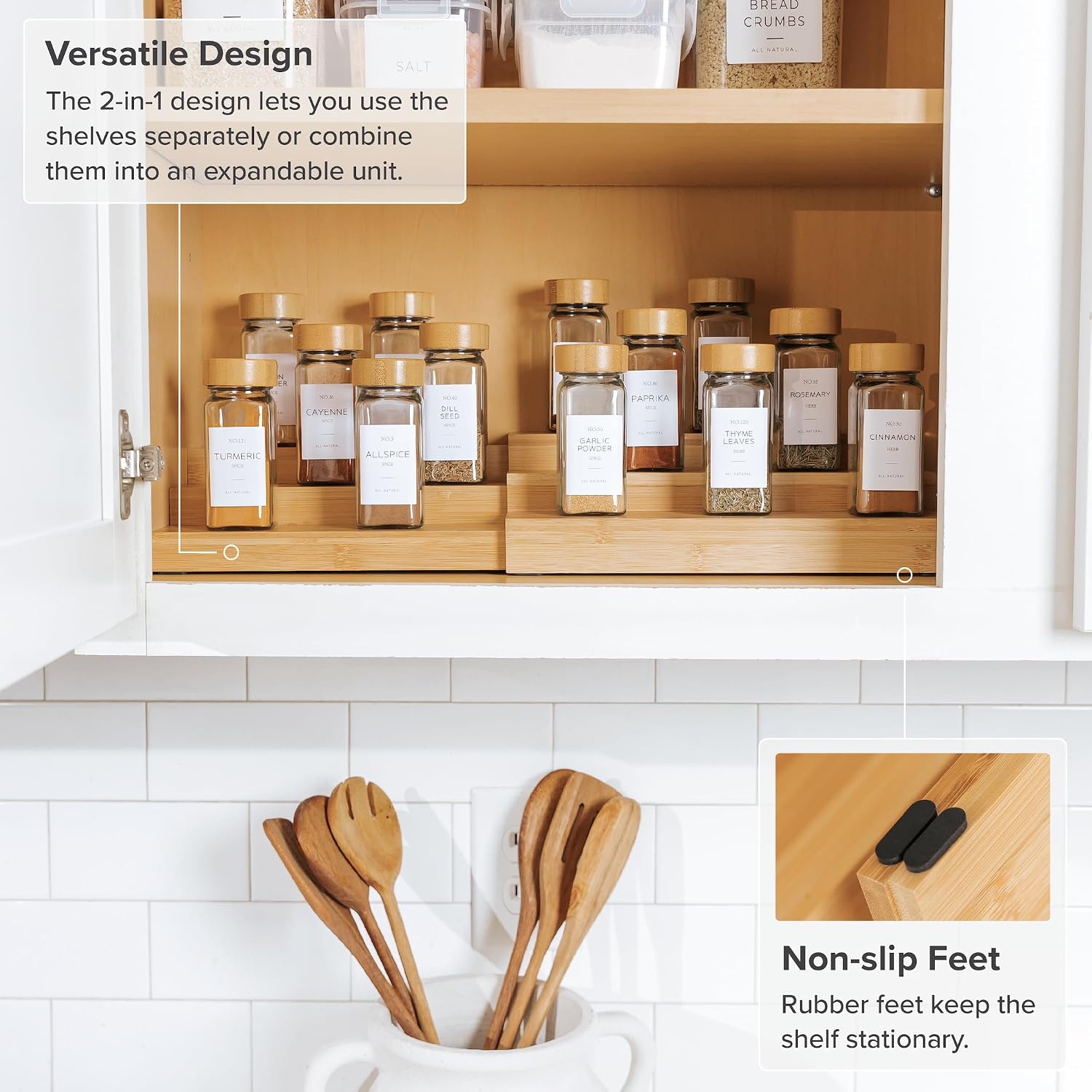 3-Tier Expandable Spice Rack Organizer, Bamboo | Fits 36 spice jars, pantry storage, non-slip feet