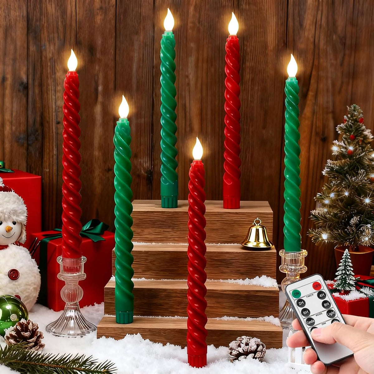 Whaline 6 Pcs Christmas LED Flameless Spiral Candles with Remote Battery Operated Taper Candles Xmas Red Green Electric Candle Boxed for Party Home Table Centerpiece Decor