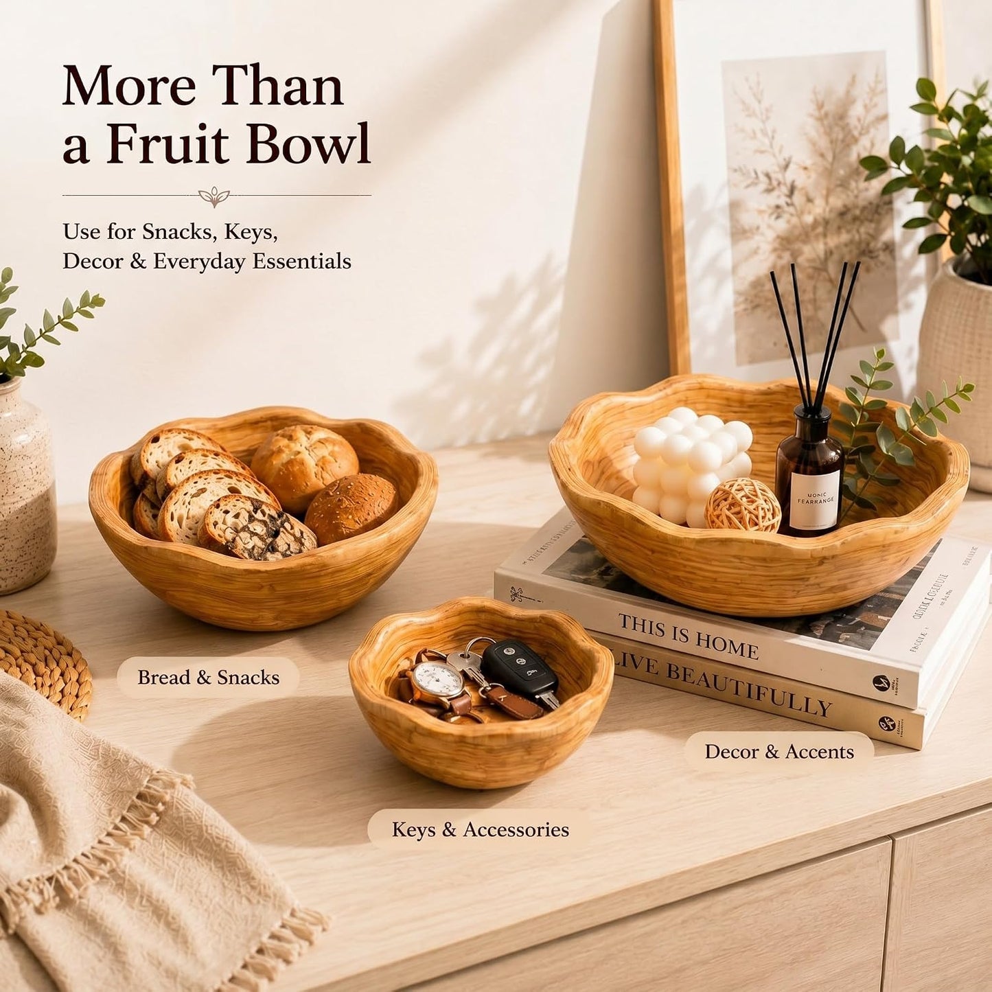 Wooden Bowls Decorative 8"-14" Handmade Wood Fruit Bowl Creative 3 Sizes Rustic / Natural / Set of 3