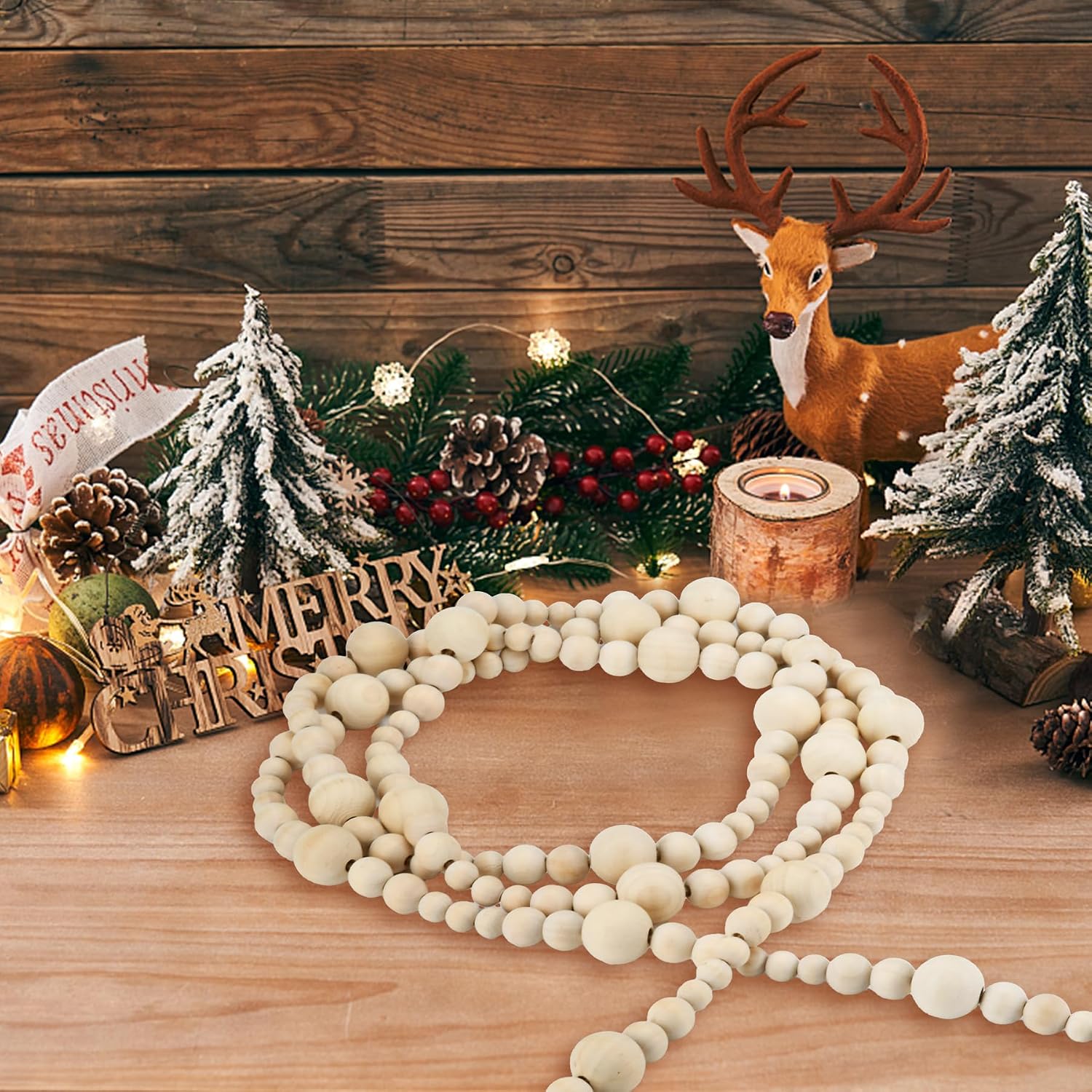 Wood Beads Garland Christmas / Natural Color / Set of 2