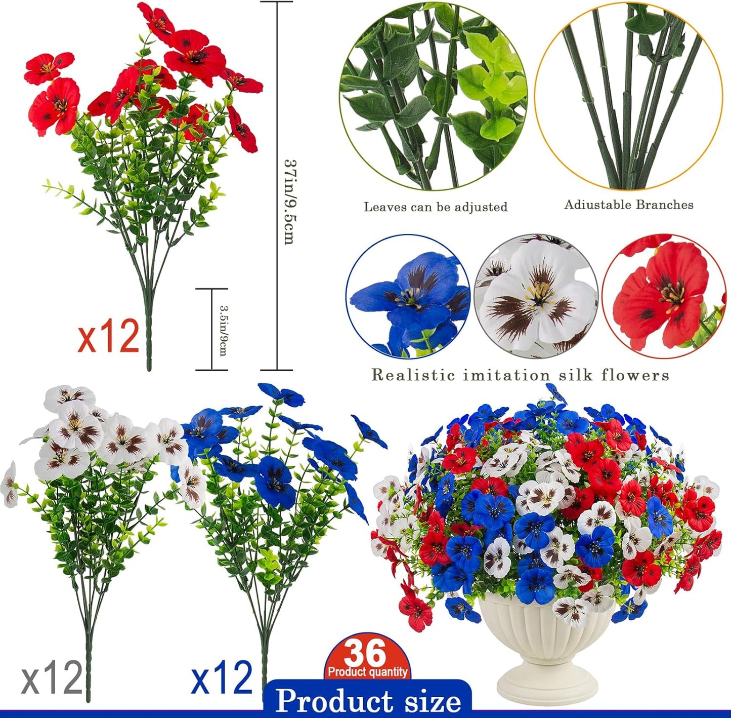 Artificial Fake Pansy Flowers / Red, White, Blue / Set of 18