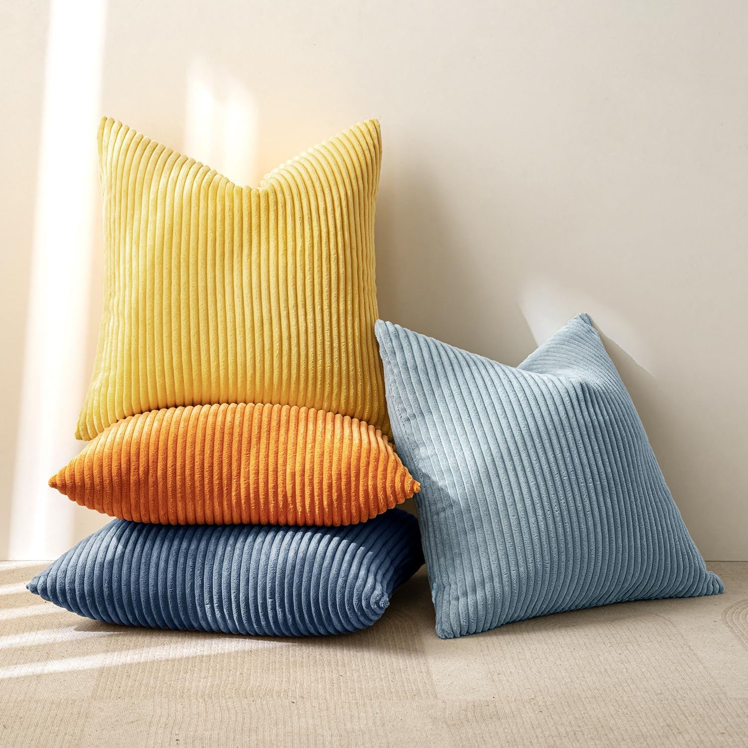 Corduroy Decorative Throw Pillow Covers Soft Boho Striped Pillow / 18 x 18 / Blue-orange / Set of 4
