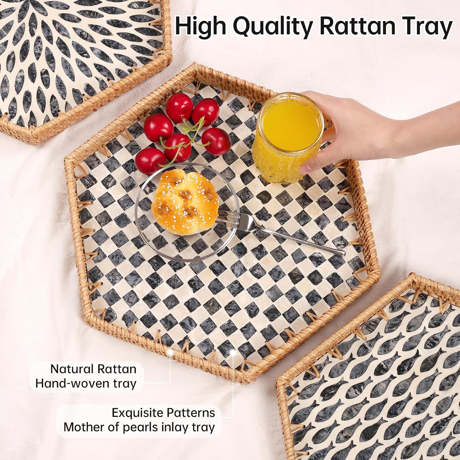 Hexagon Rattan Tray / Black Checker