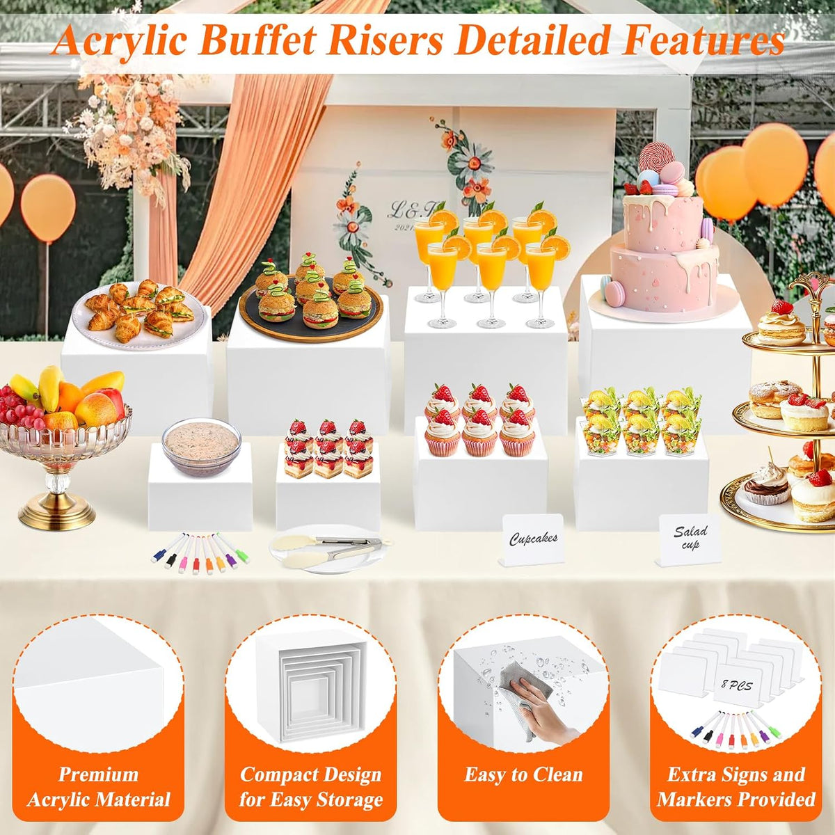 8 Pcs White Buffet Risers with Mini Table Sign, Serving Tongs, Acrylic Food Risers for Buffet Table Display Stand Shelf