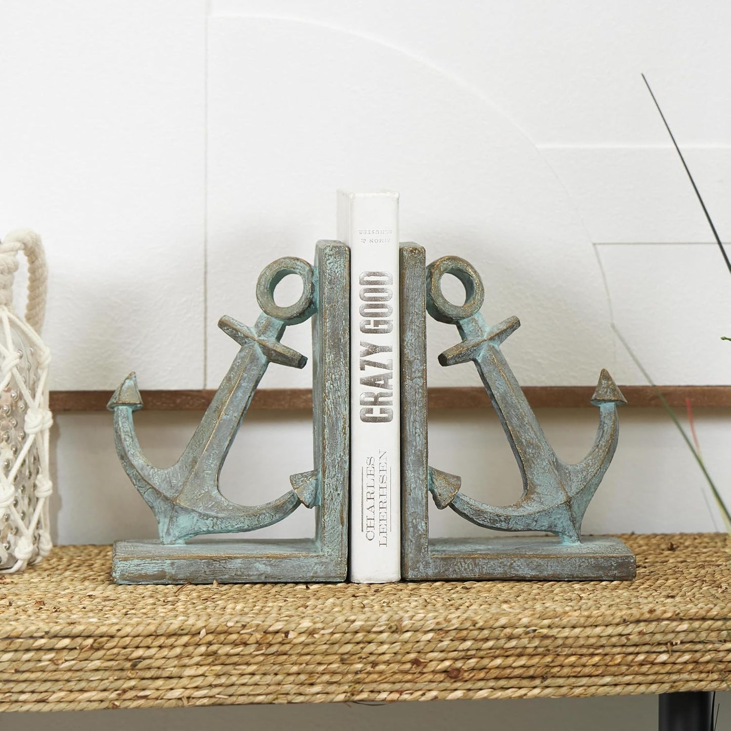 Polystone Anchor Decorative Bookends Distressed Patina Non Skid / SMALL SIZE / Blue / Set of 2