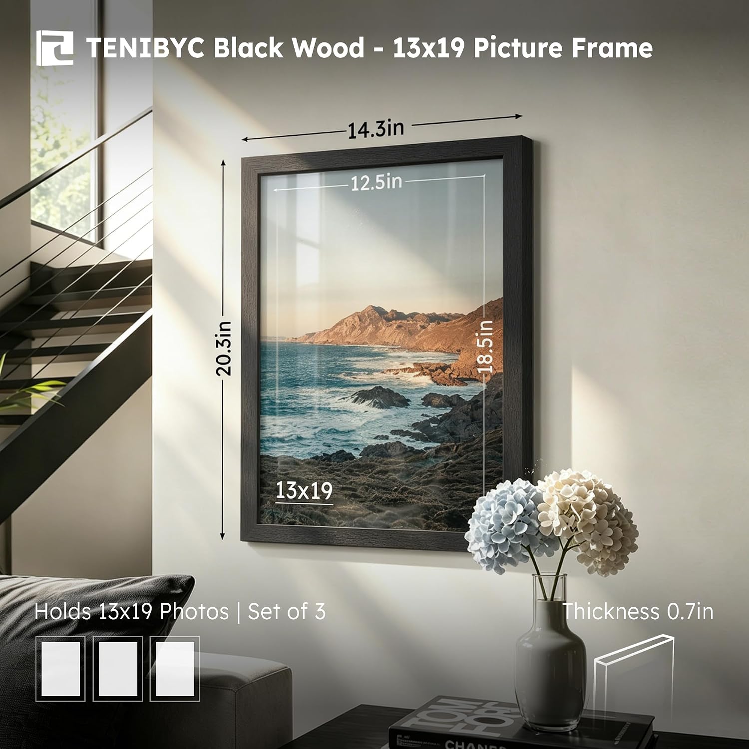 13x19 Picture Frame 3 Pack, Black Wood, Real Glass, Wall Hanging | Thick HD Tempered Glass, Large Poster Frame for Wall
