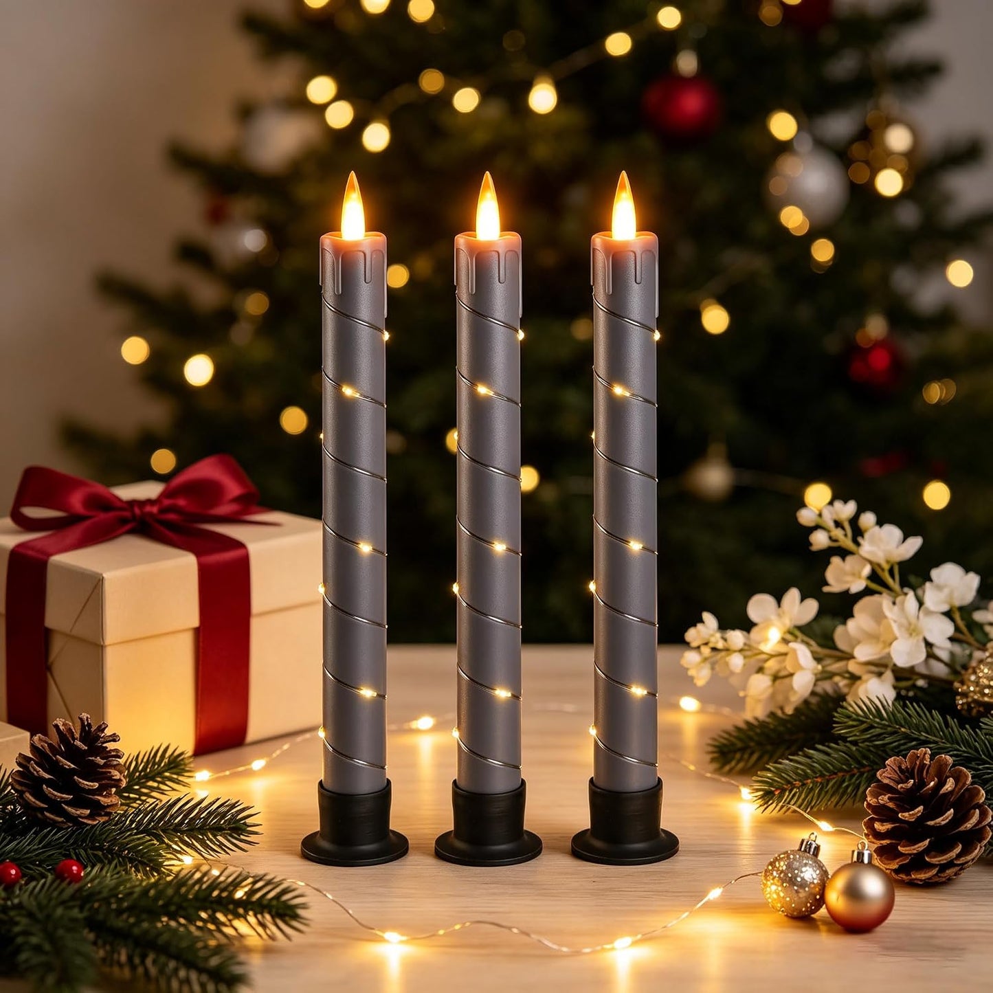 3 Pack Gray Dripping Wax Flameless Candles, Realistic Dynamic Flame LED Taper Candles with Surrounding Fairy String