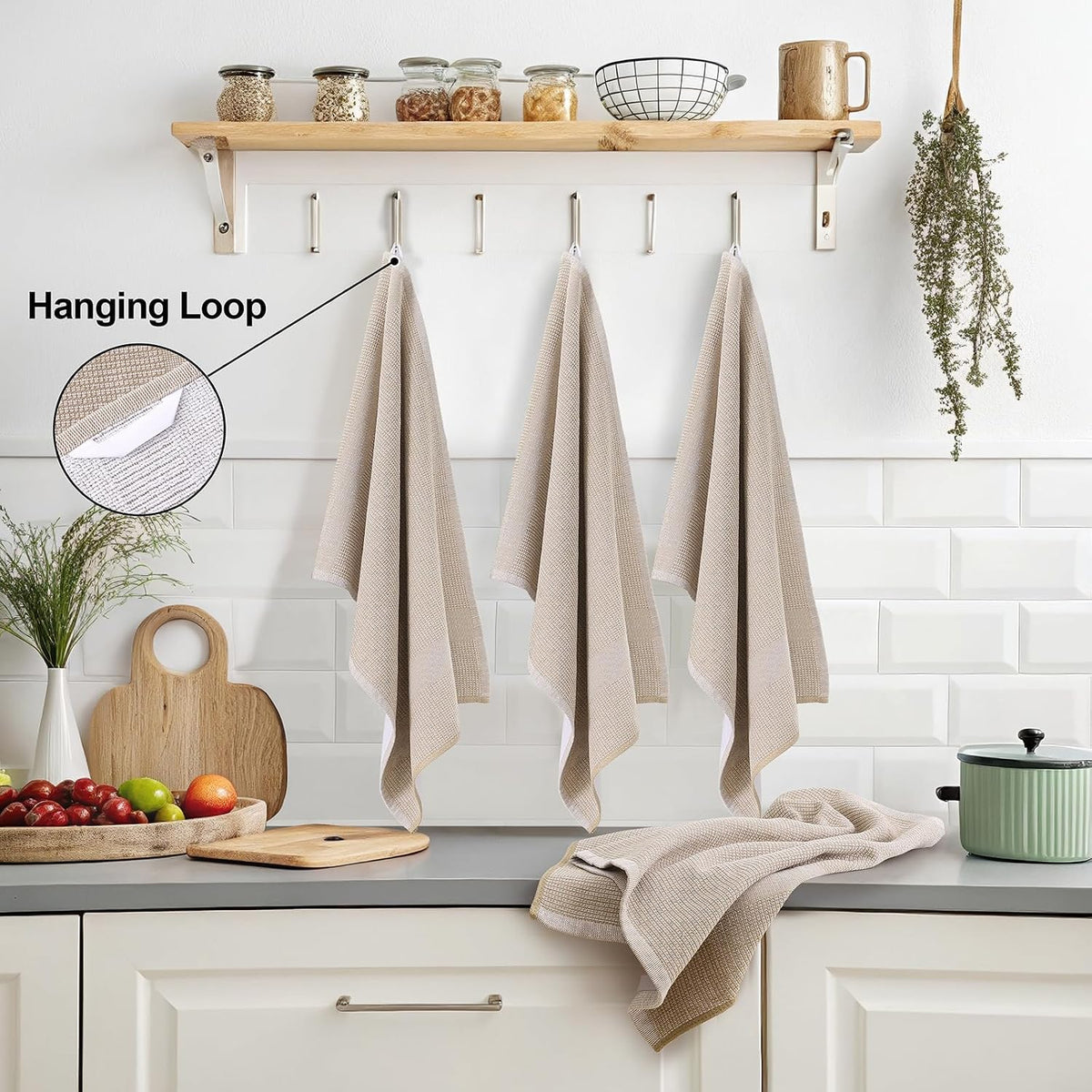 Mordimy Premium Large Cotton Kitchen Towels (18"x 28", 12 Pack), Khaki | 100% Ring Spun Cotton, Super Absorbent, 380