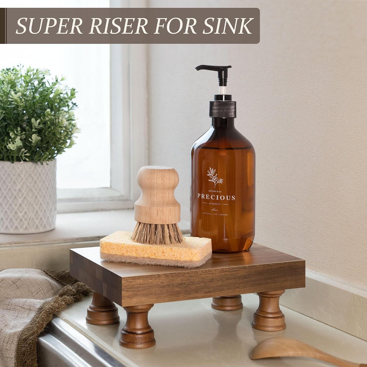 EOSAHR Wood Riser for Decor & Display Stand for Kitchen Counter, Brown | Acacia Wood, Rich Finish, 8.5" Pedestal Stand