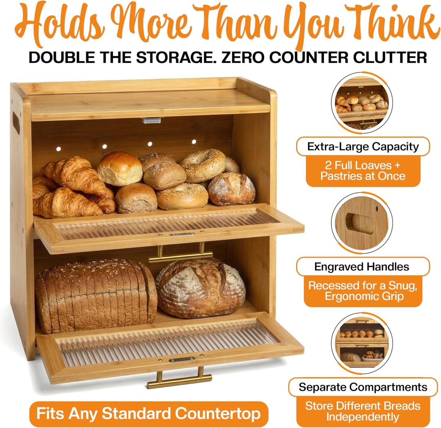 Extra Large Bamboo Bread Box for Kitchen Countertop, Double Layer Wooden Breadbox Holds Multiple Loaves of Homemade