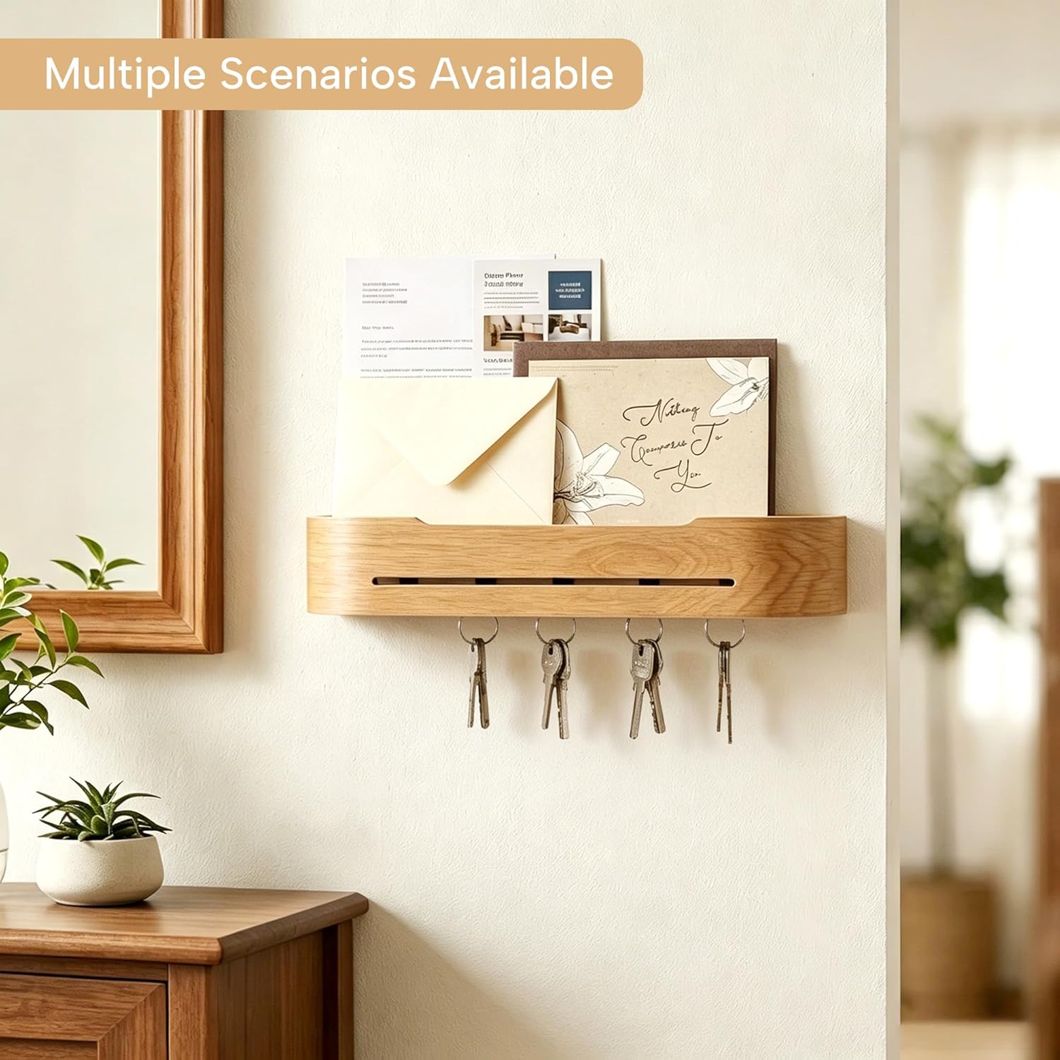 5 Hidden Hooks Minimalis Key Hanger Rack Wood Modern Hollow Key Hook Mail Organizer Tray / Oak-a