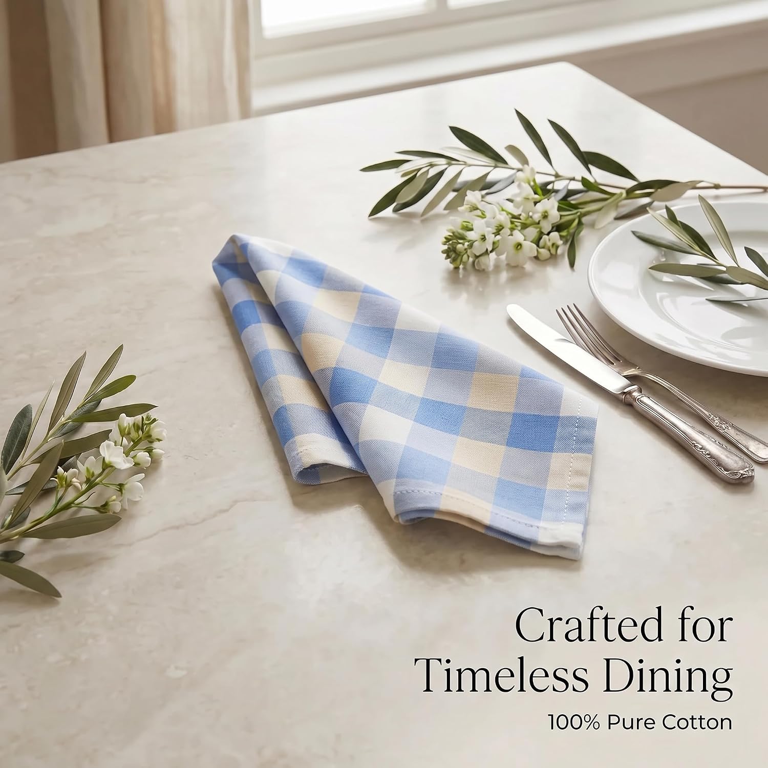 Urban Villa Cloth Napkins Cotton 20x20 (Set of 12) Blue Sand Checks