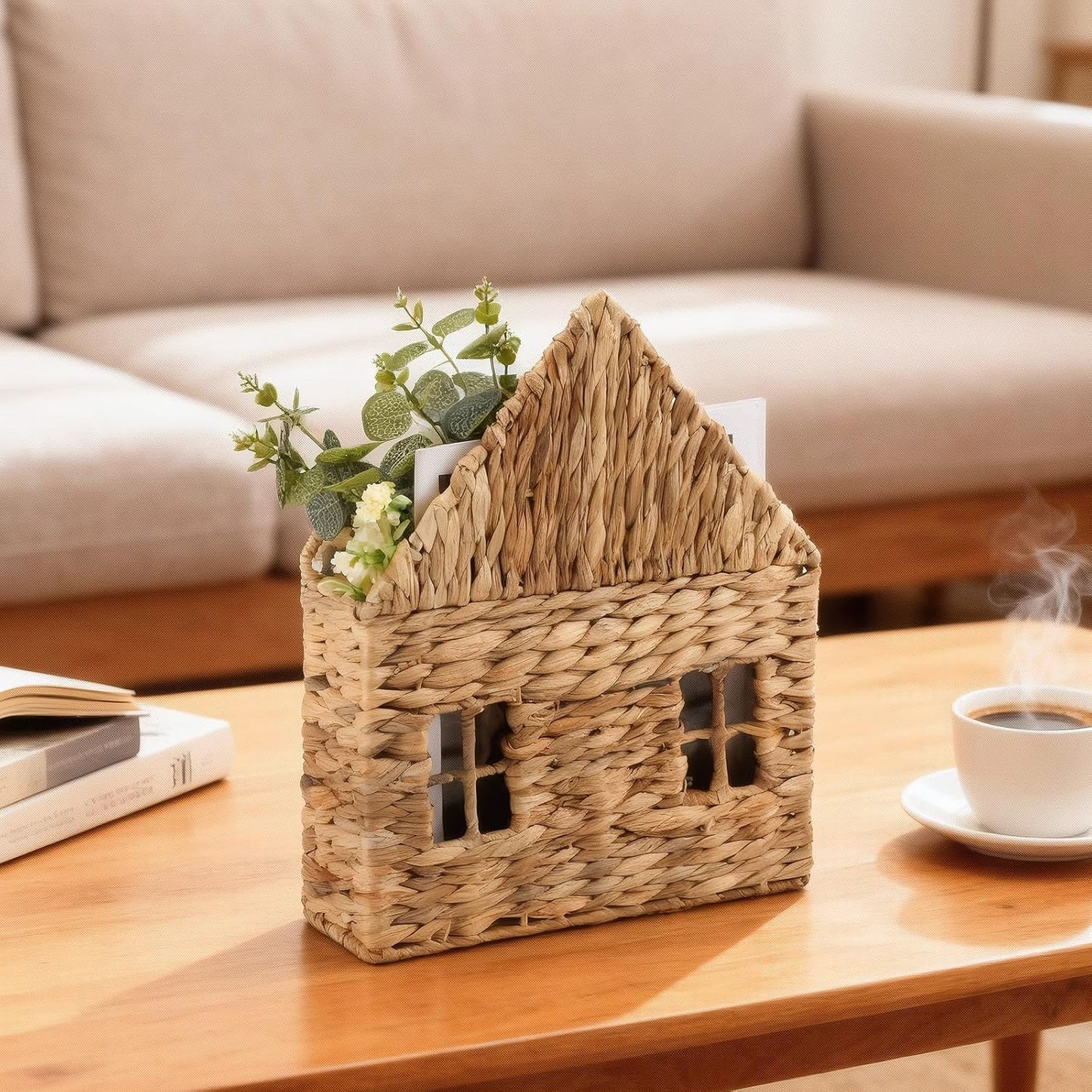 Wicker Magazine Holder Wall Basket Hanging Wall Mount Mail Rack Holder Storage Water Hyacinth House