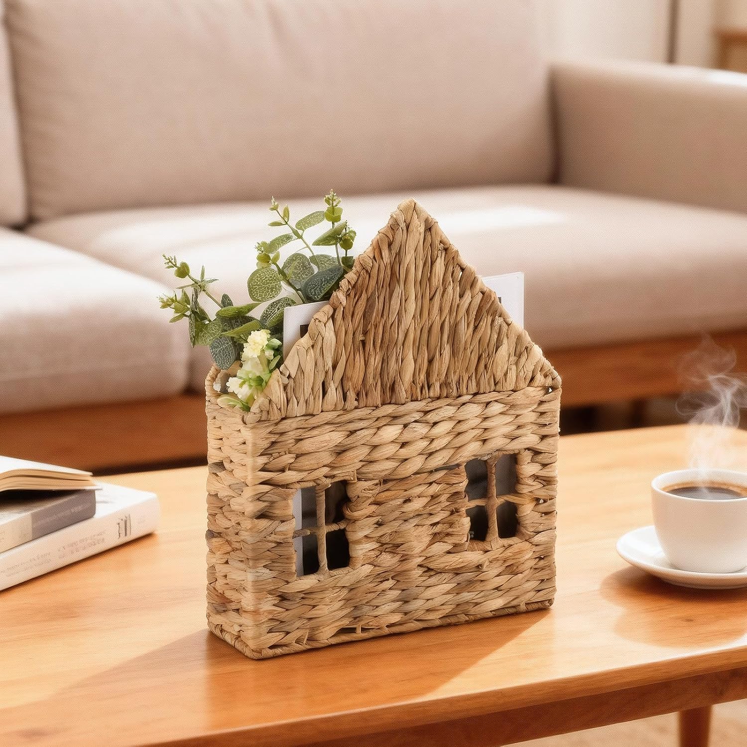 Wicker Magazine Holder Wall Basket Hanging Wall Mount Mail Rack Holder Storage Water Hyacinth House