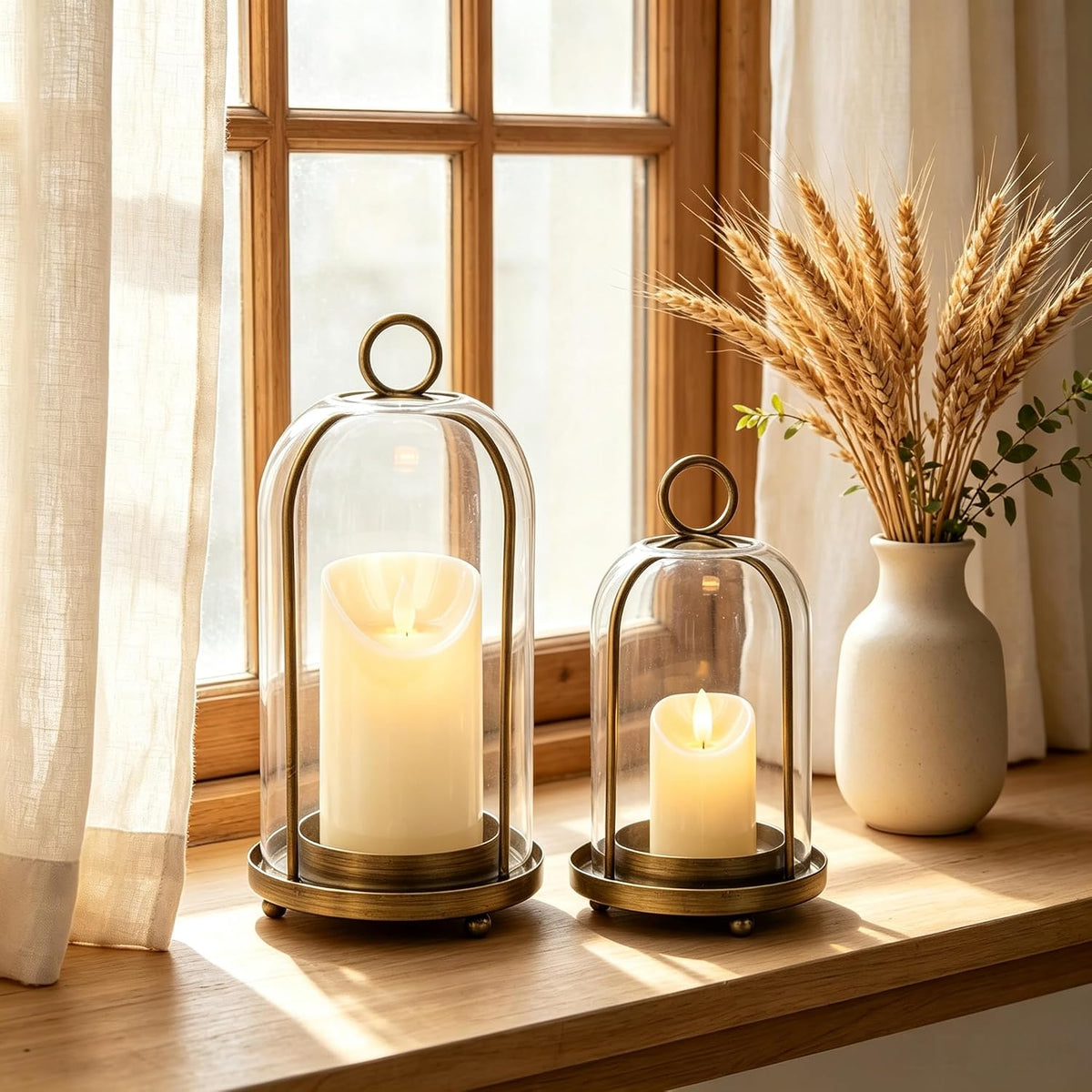 Glass Hurricane Candle Holder Decorative Gold Candle Lantern | Pillar Candlestick Holders Set of 2, Hanging Metal
