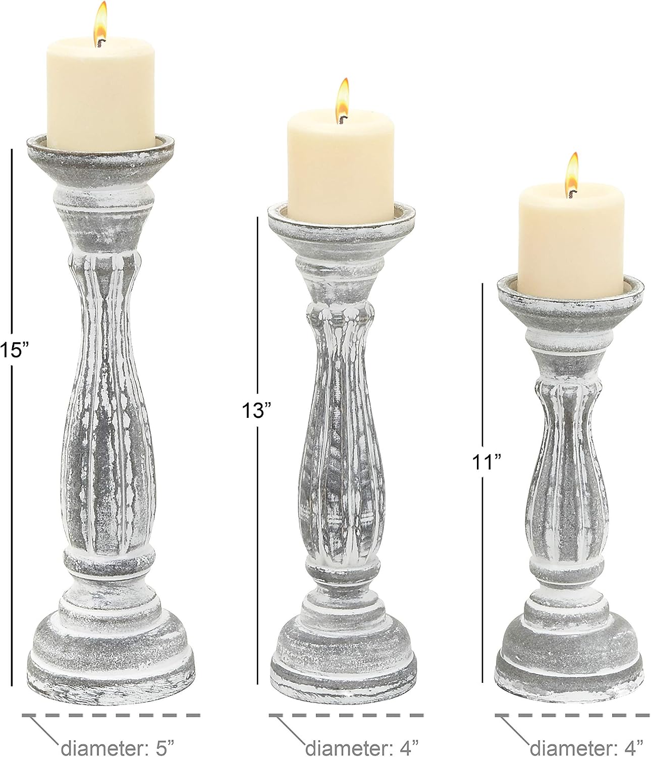 Deco 79 Wooden Decorative Candle Holder Distressed Turned Candle Stand, Set of 3 Candlestick Holder 15", 13", 11"H, Gray