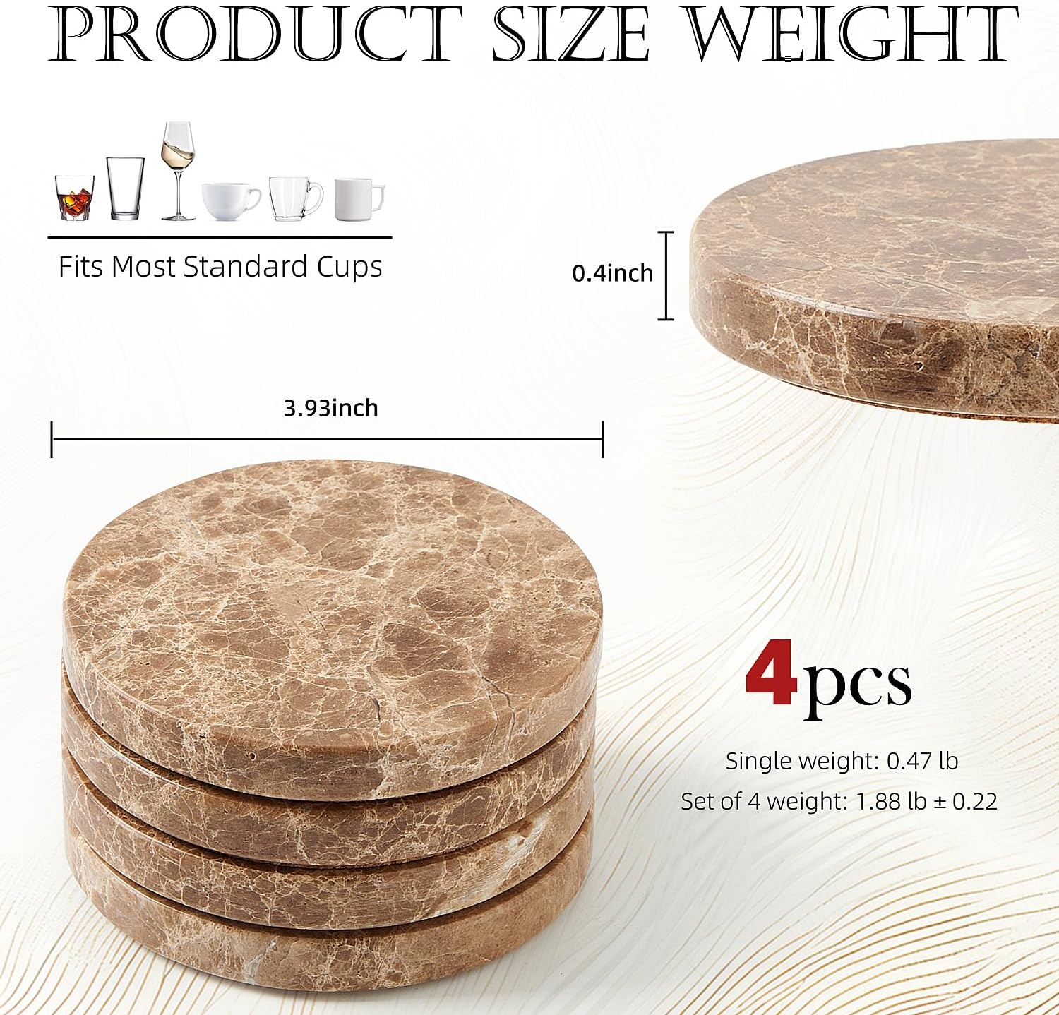 Round Stone Coasters / Dark Brown / 3.93in*3.93in / Set of 4
