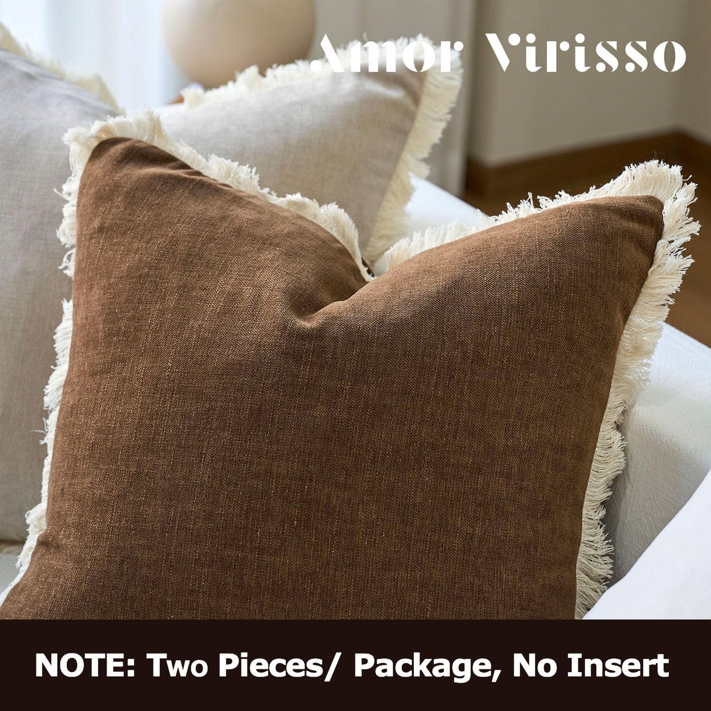 Fringe Throw Pillow Covers Boho Neutral Farmhouse Decorative Pillow / Brown / 18 x 18 / Set of 2