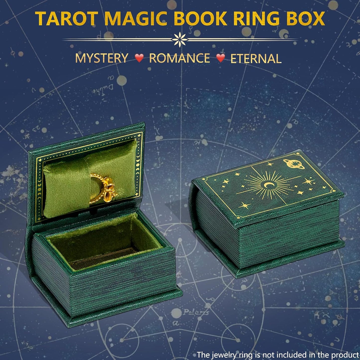 Vintage Magic Book-Shaped Ring Box Starry Sky Pattern PU Leather / Green