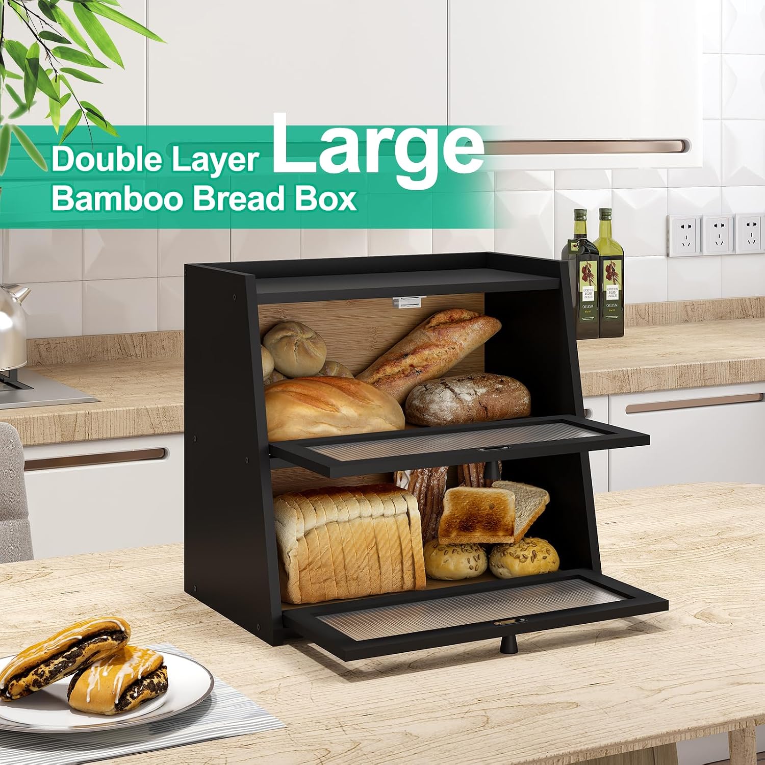 kiplant Large Black Bread Box, Double-Layer Bread Box for Kitchen Counter, Bamboo Bread Storage Container with Wavy