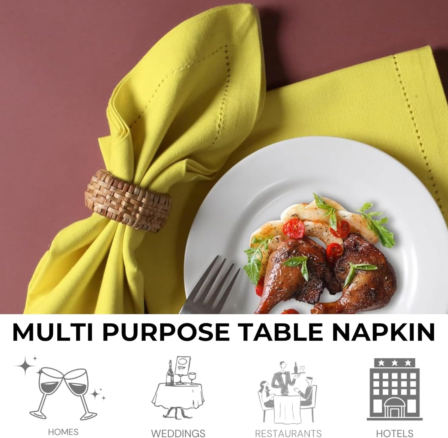 Bedding Craft Hemstitched Cotton Cloth Dinner Napkins Set of 12 – 18x18 Golden Kiwi – Reusable Machine Washable Fabric