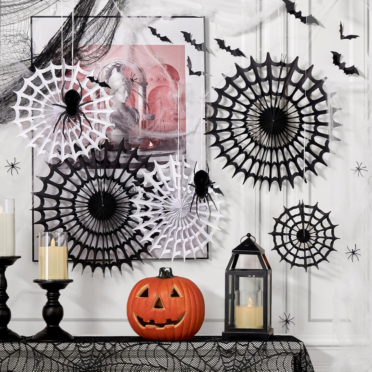 Spider Webs Halloween Decorations with 5 Black White Paper Fans, 6 Fake Spiders and 12 Bat Wall Stickers for Wall Indoor Outdoor Halloween Party Decor