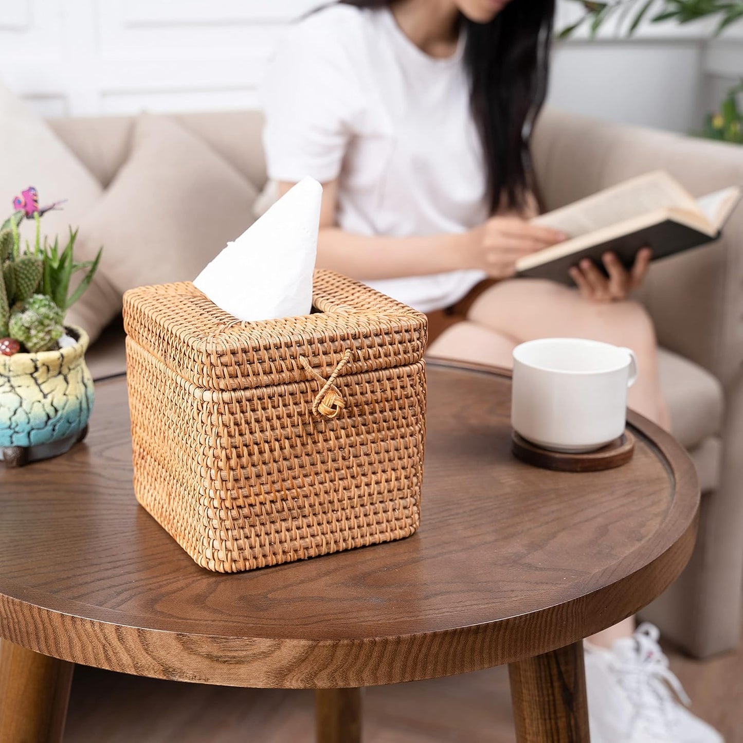 Rattan Square Tissue Box Cover- "-Decorative Woven Facial Tissue Holder / Yellow / 5.7 x 5.7 x 5