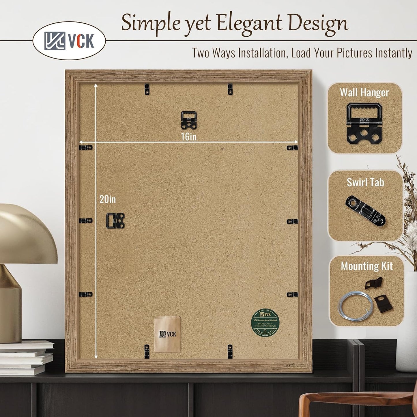 VCK 16x20 Frames 3 Pack, Walnut Poster Frame MDF Wood with Polished Plexiglass, Wall Mounting Horizontal & Vertical