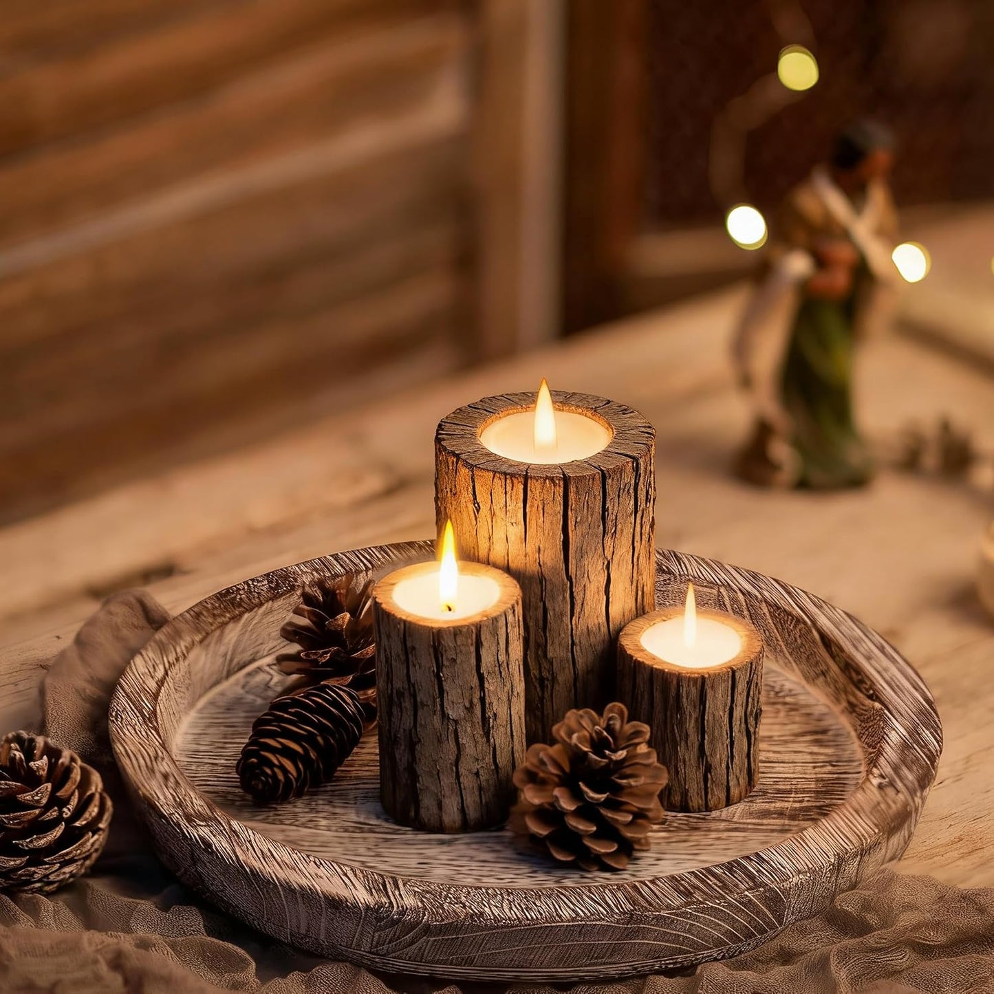 Round Wood Decorative Candle Plate / Whitewash