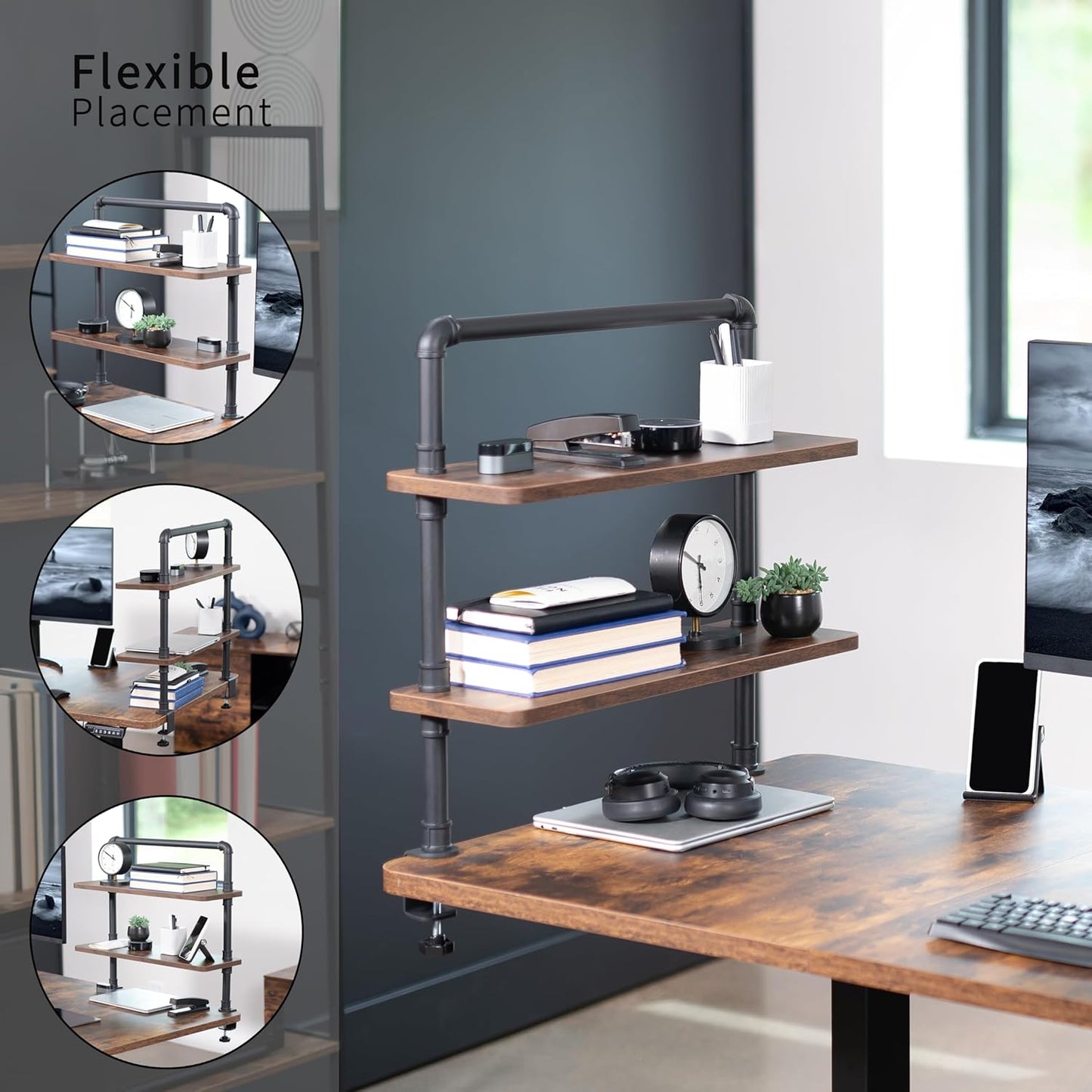 VIVO Clamp-on Premium 24 inch Industrial Pipe 2-Tier Tabletop Shelving, Heavy Duty Desk Extension Organizer, Modern