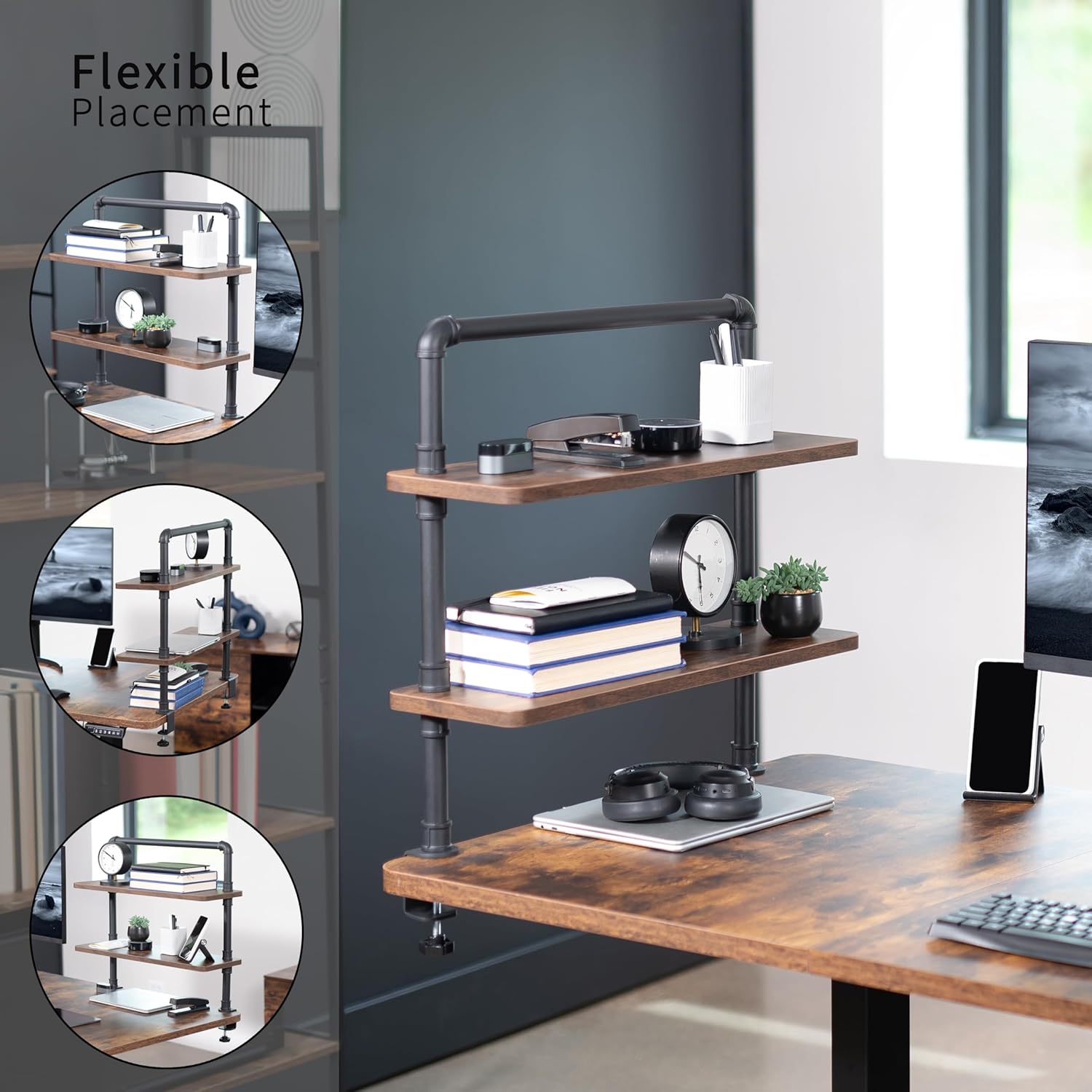 VIVO Clamp-on Premium 24 inch Industrial Pipe 2-Tier Tabletop Shelving, Heavy Duty Desk Extension Organizer, Modern