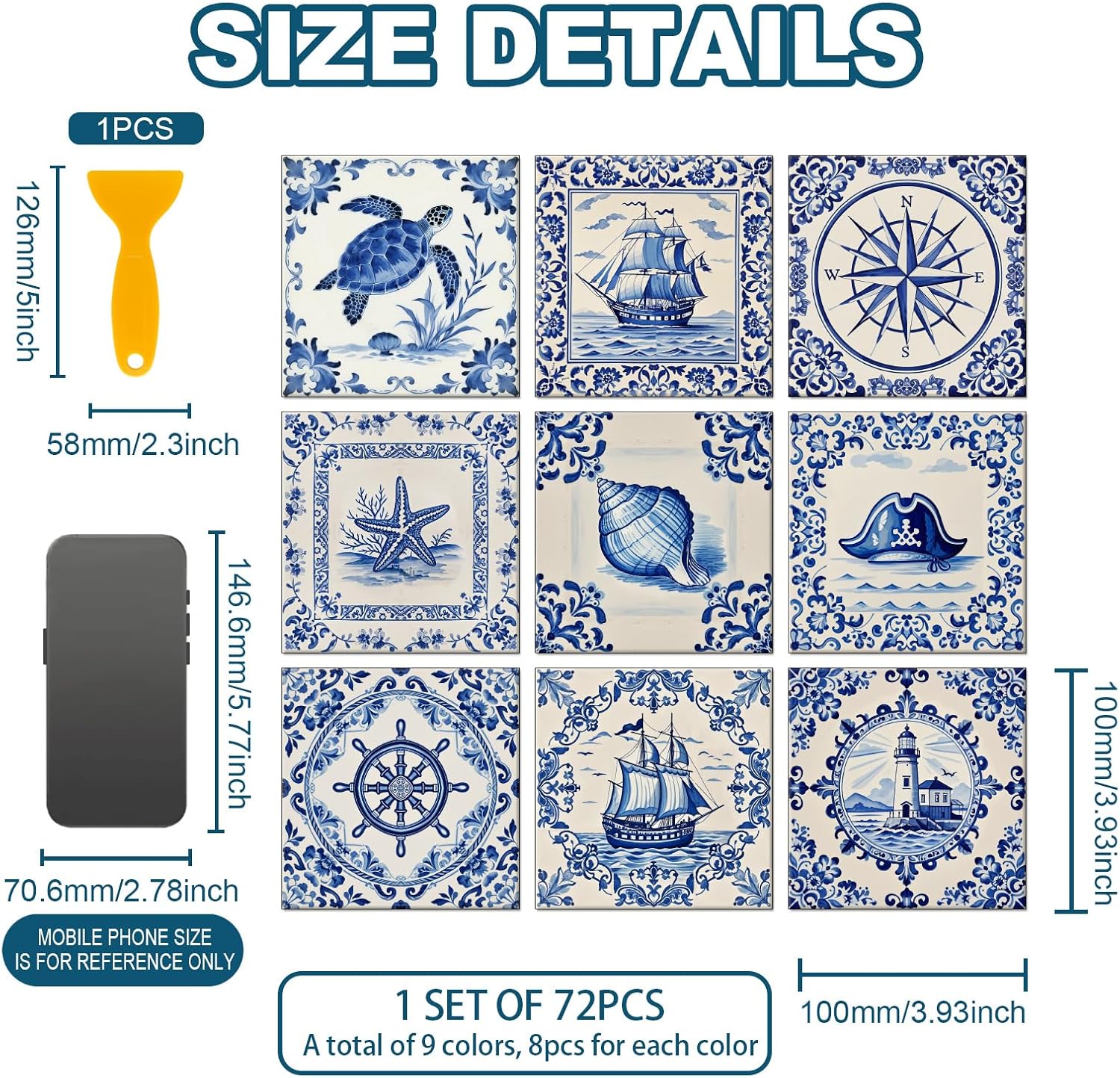 9 Style Vintage Pattern Peel and Stick Wall Tile Sticker Boats / Nautical Elements / Set of 72