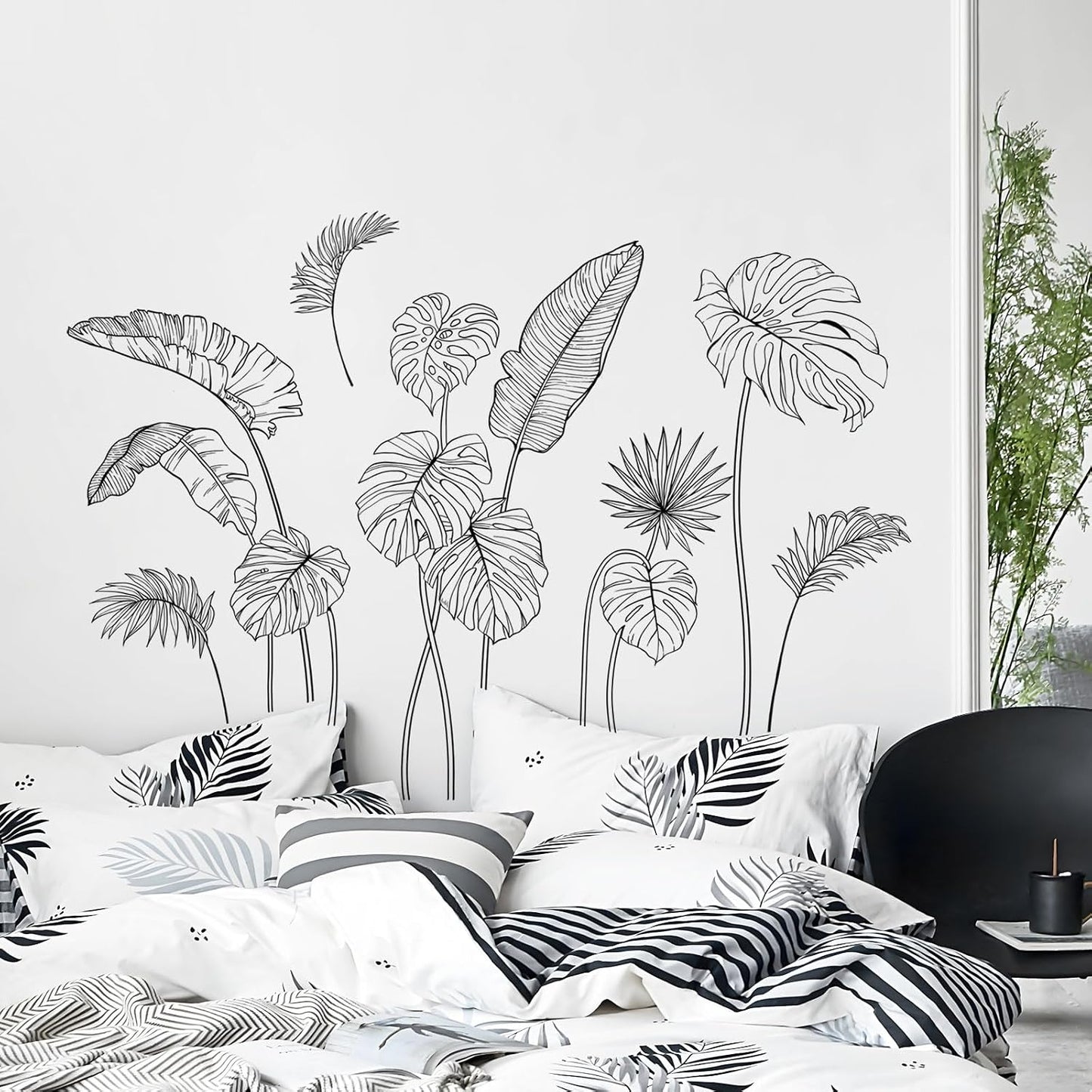 White Tropical Plants Wall Decals Sketch Palm Leaves Wall Stickers Simple Line Monstera Leaf / Black