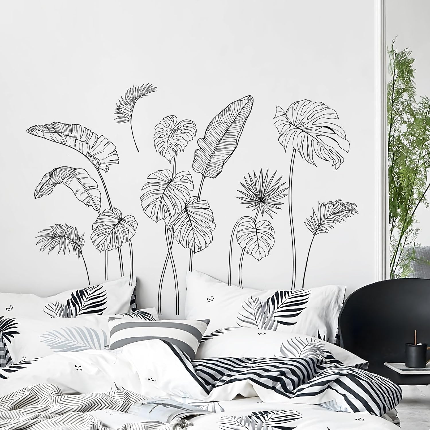 White Tropical Plants Wall Decals Sketch Palm Leaves Wall Stickers Simple Line Monstera Leaf / Black