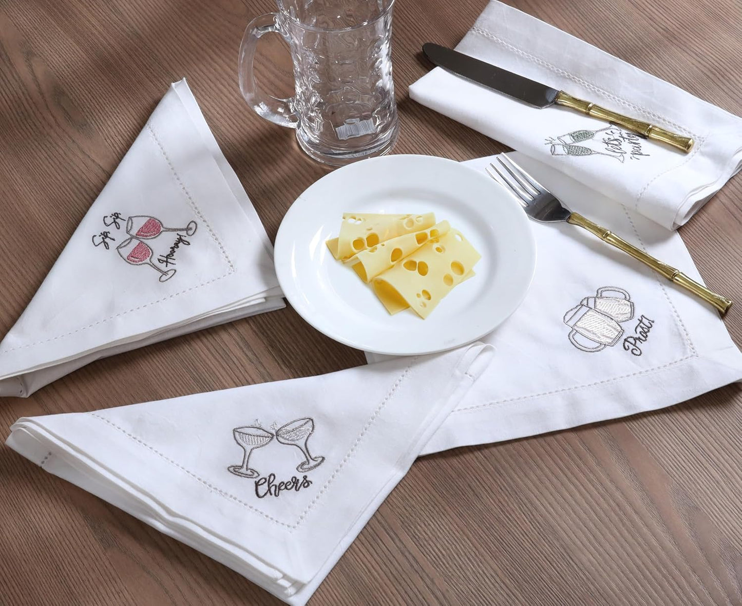 Bedding Craft Cotton Cloth Dinner Napkins Set of 12 – 18x18 Embroidered Motif with Decorative Hemstitch – Machine