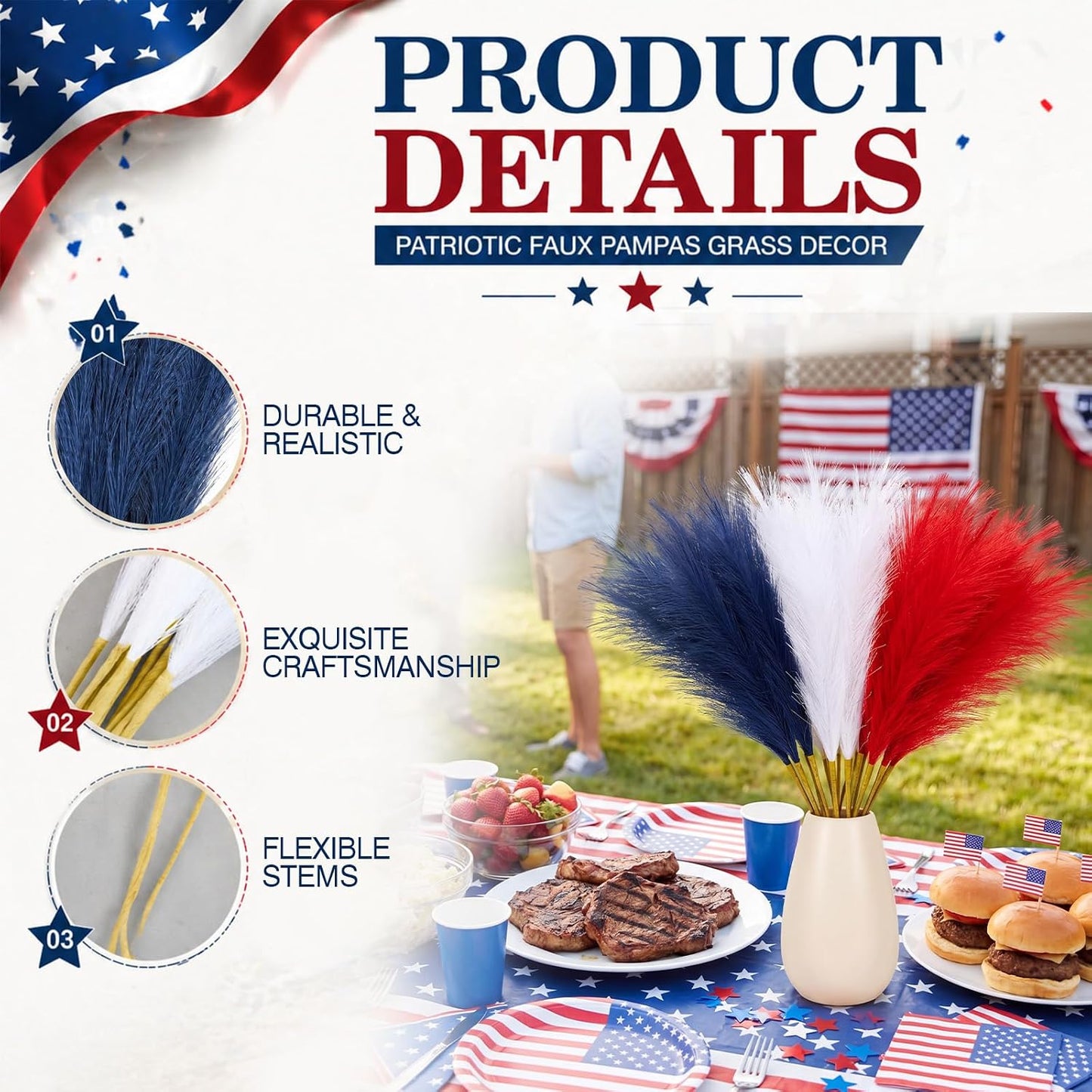 4th of July Faux Pampas Grass Decor Bulk White and Blue Patriotic / Red / 21.6 Inch / Set of 90