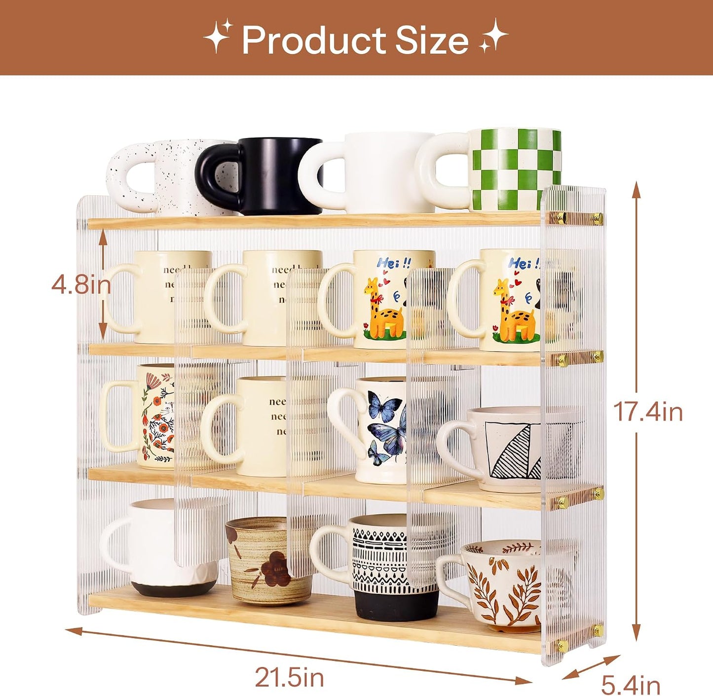 Mug Shelf 4-Tier Walnut Coffee Cup Displays,Kitchen Spice Storage | PMMA Acrylic,Surface Polished Walnut